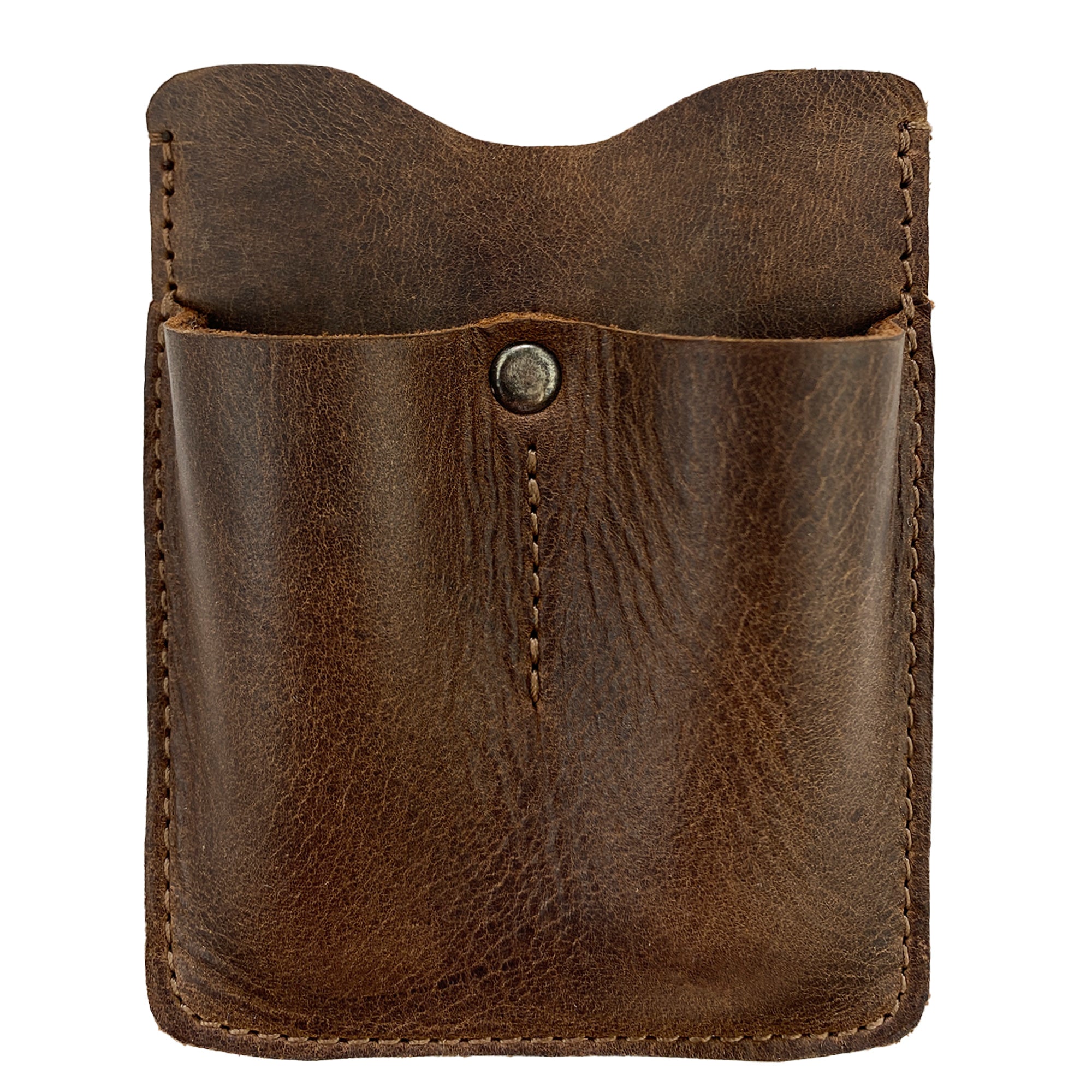 Front view of the Hide & Drink Card Holder with Small Tool Slots made from full grain leather, showcasing its minimalist design perfect for organizing small tools like knives and flashlights. The card holder features a fire-branded logo and is handmade in La Antigua Guatemala with craftsmanship that highlights small batch production.