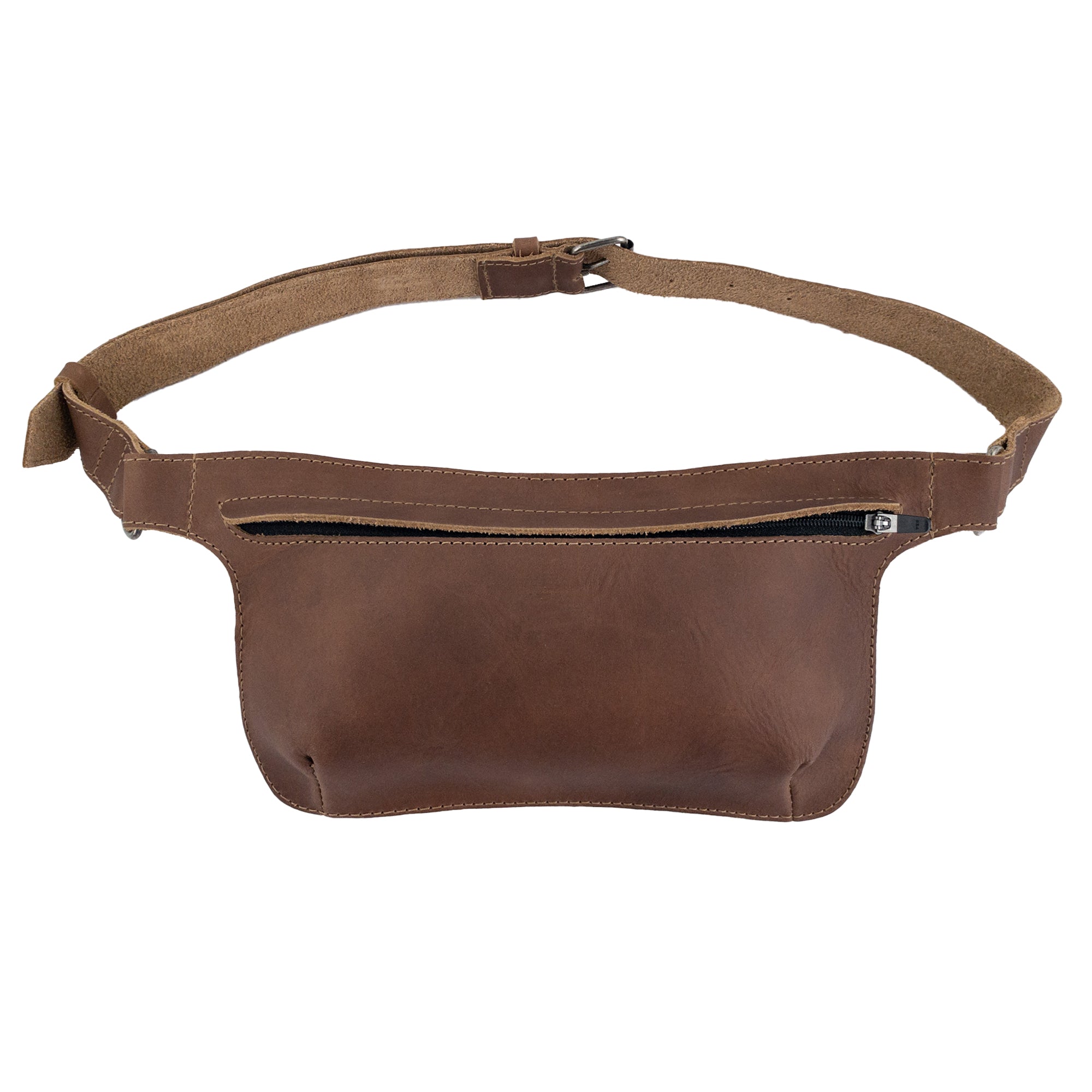 Slim Fanny Pack by Hide & Drink showcasing a versatile design ideal for travel and daily use. This artisan hand-stitched fanny pack is made from full grain leather, representing small batch production in La Antigua Guatemala.