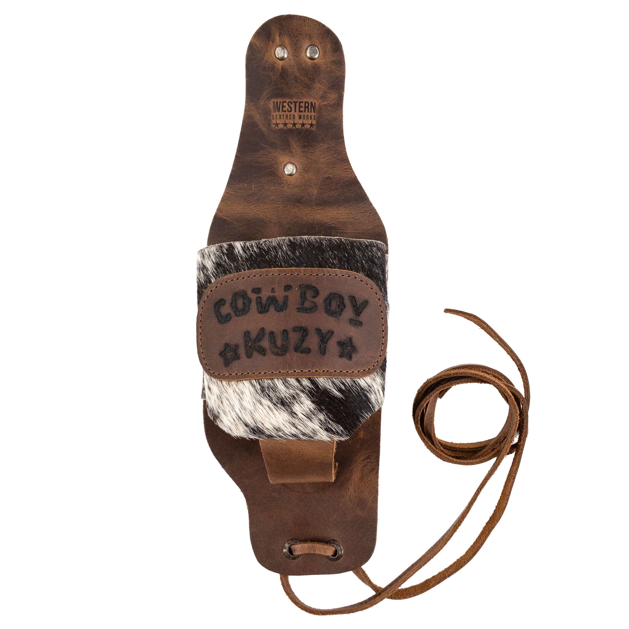 Close-up of the Cowboy Beer Holster by Western Leather Works, showcasing the unique hair-on-hide design and rustic leather finish. Ideal as a handsfree beverage holder, this artisan product is perfect for men's party gift gear. Made from full grain leather, this stylish holster is hand cut and sewn in La Antigua Guatemala & Oaxaca Mexico.