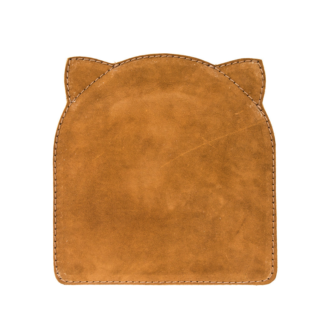 Back view of the Soft Leather Cat Mouse Pad from Hide & Drink, designed with a charming cat ear shape. Made of full grain leather, this artisan cat mouse pad highlights small batch production, hand cut and hand sewn details, fire branded quality, and is handmade in La Antigua Guatemala & Oaxaca Mexico.