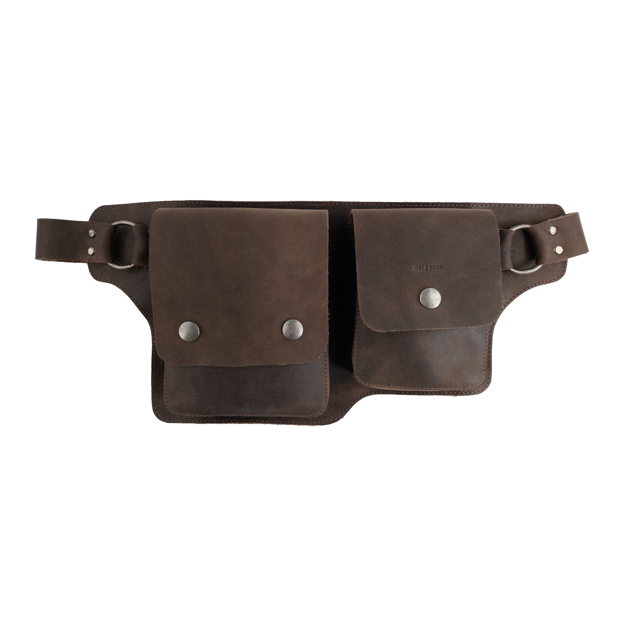 Hide & Drink Rectangular Waist Bag featuring a rustic design with two compartments, ideal for outdoor activities and crafted from Full Grain Leather. This Waist Bag with Adjustable Belt is perfect for camping and tool storage, showcasing small batch production with hand-cut, hand-sewn craftsmanship. Artisan quality made in La Antigua Guatemala & Oaxaca Mexico.