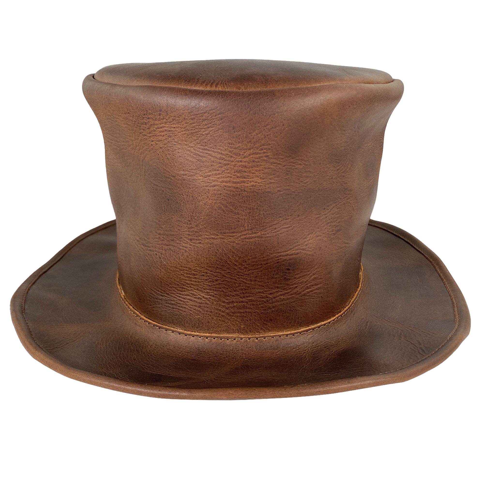 A beautifully crafted Top Hat made from full grain leather by Hide & Play, showcasing the rich texture and handmade quality. This Mad Hatter Top Hat is ideal for cosplay, Halloween, performances, films, and shows. Each hat reflects small batch production, hand cut, hand sewn, and fire branded artisan skills, with craftsmanship from La Antigua Guatemala and Oaxaca Mexico.