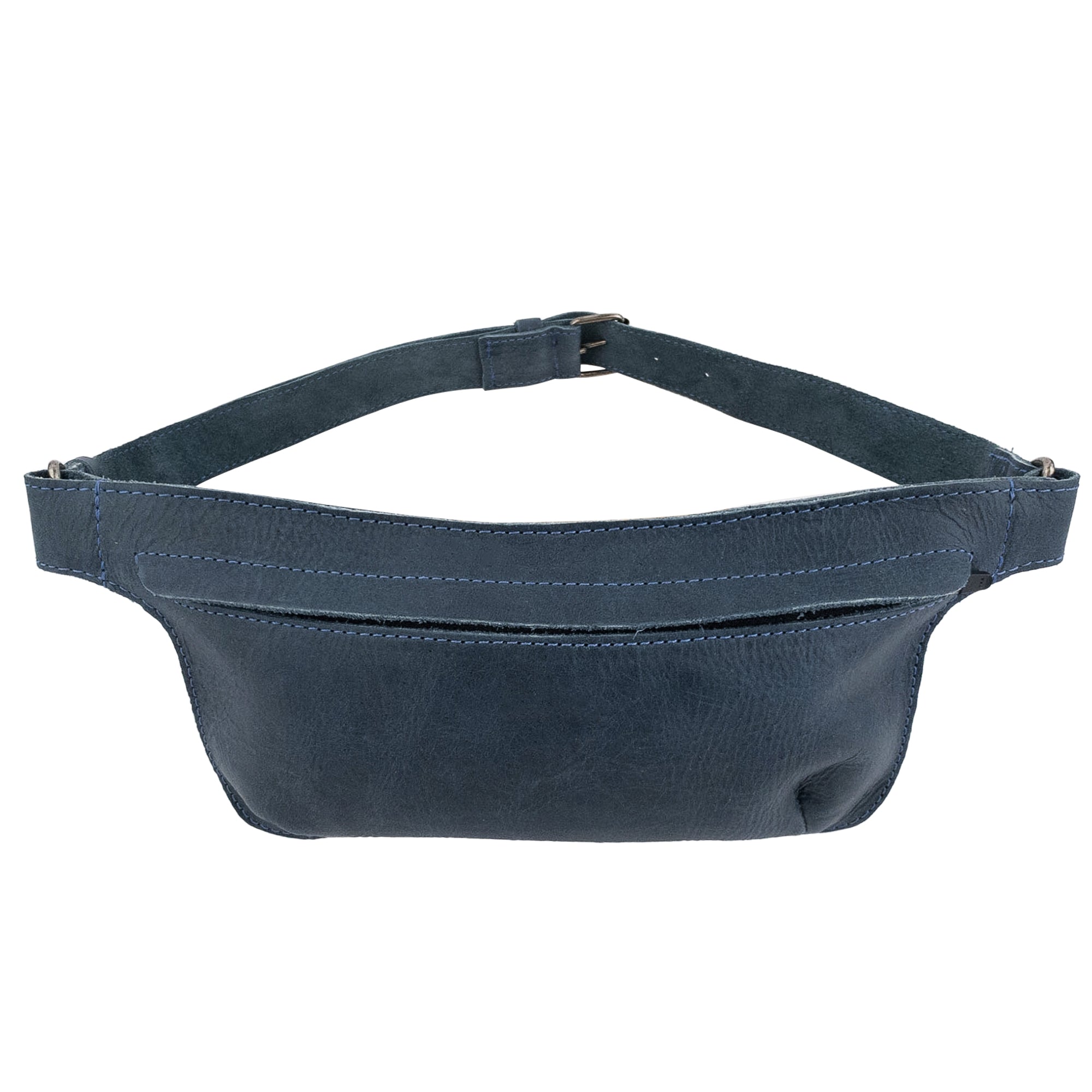Slim Fanny Pack by Hide & Drink in a full view showing size specifications, highlighting its rectangular shape. This handmade fanny pack is crafted from durable full grain leather and is part of small batch artisan production in Oaxaca Mexico.