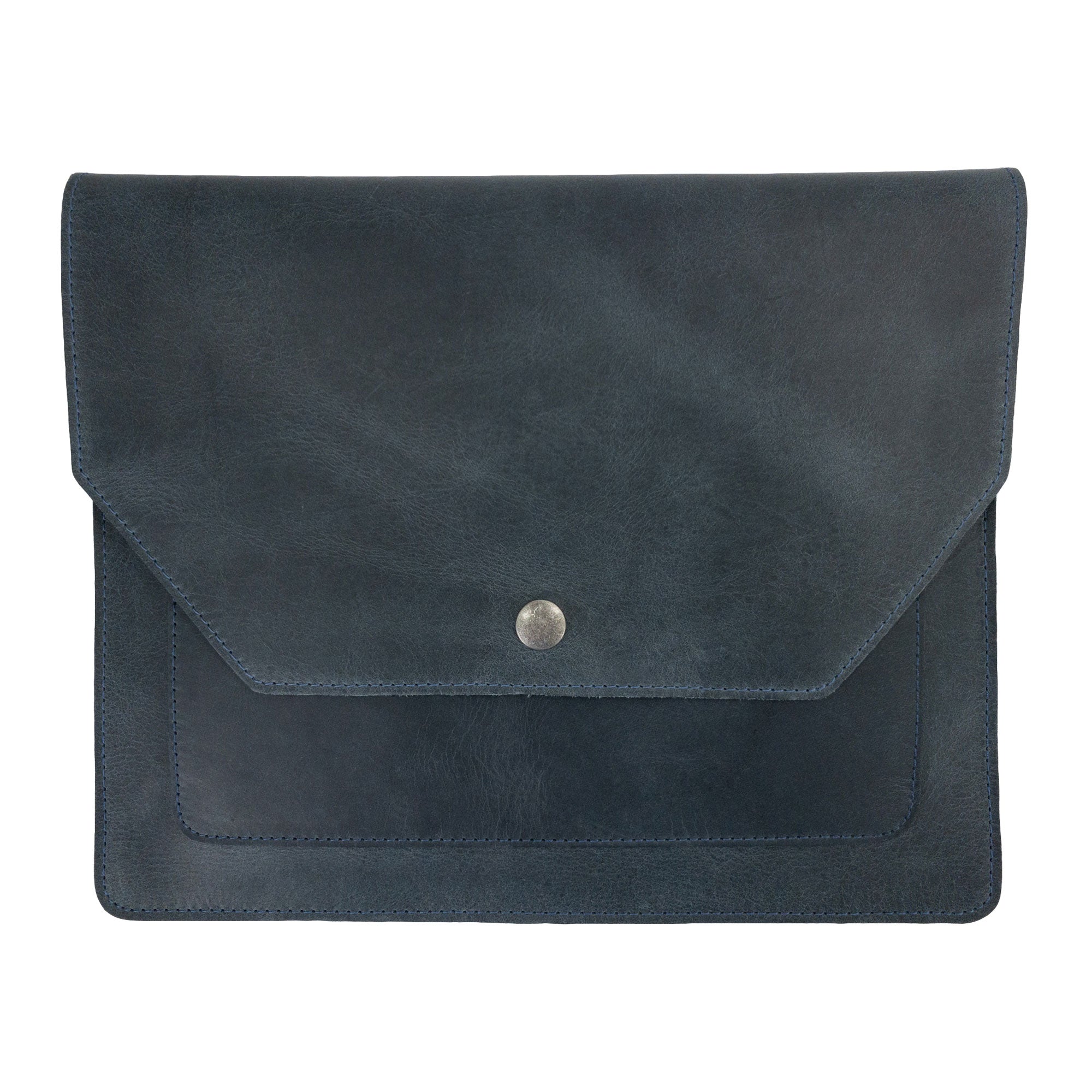 Side view of Hide & Drink's Slim Portfolio in blue, capturing its stylish profile. This handmade Flat Messenger Case is made from Full Grain Leather and functions as a Narrow Document Holder, designed by artisans in La Antigua Guatemala & Oaxaca Mexico.