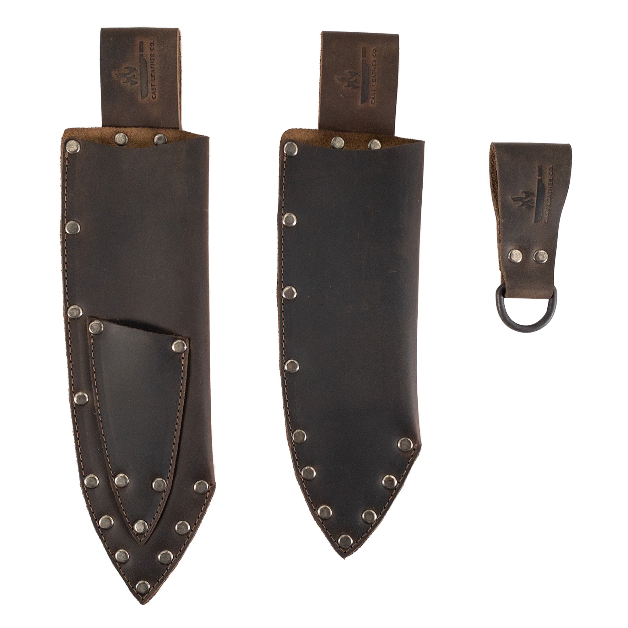Knife Set Holder (3 Pieces) from Cast Leather Co., featuring a unique design made from Full Grain Leather. This handmade product highlights artisan craftsmanship through small batch production, hand cut, and hand sewn techniques. Fire branded and designed for durability, perfect for any kitchen.