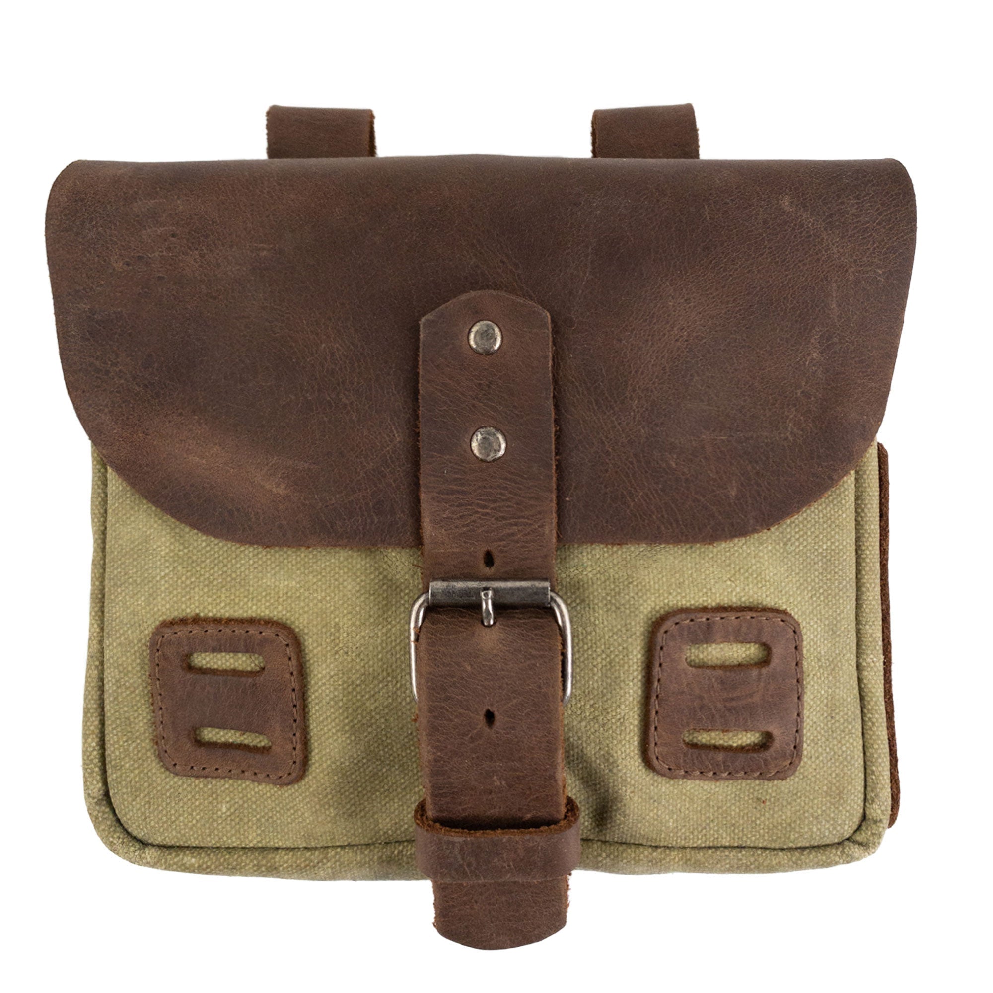 Detailed view of the green Survival Camping Pouch from Hide & Drink, showcasing its crafting and functionality. Made from Water Resistant Waxed Canvas & Full Grain Leather, ideal for survival kits and tools.