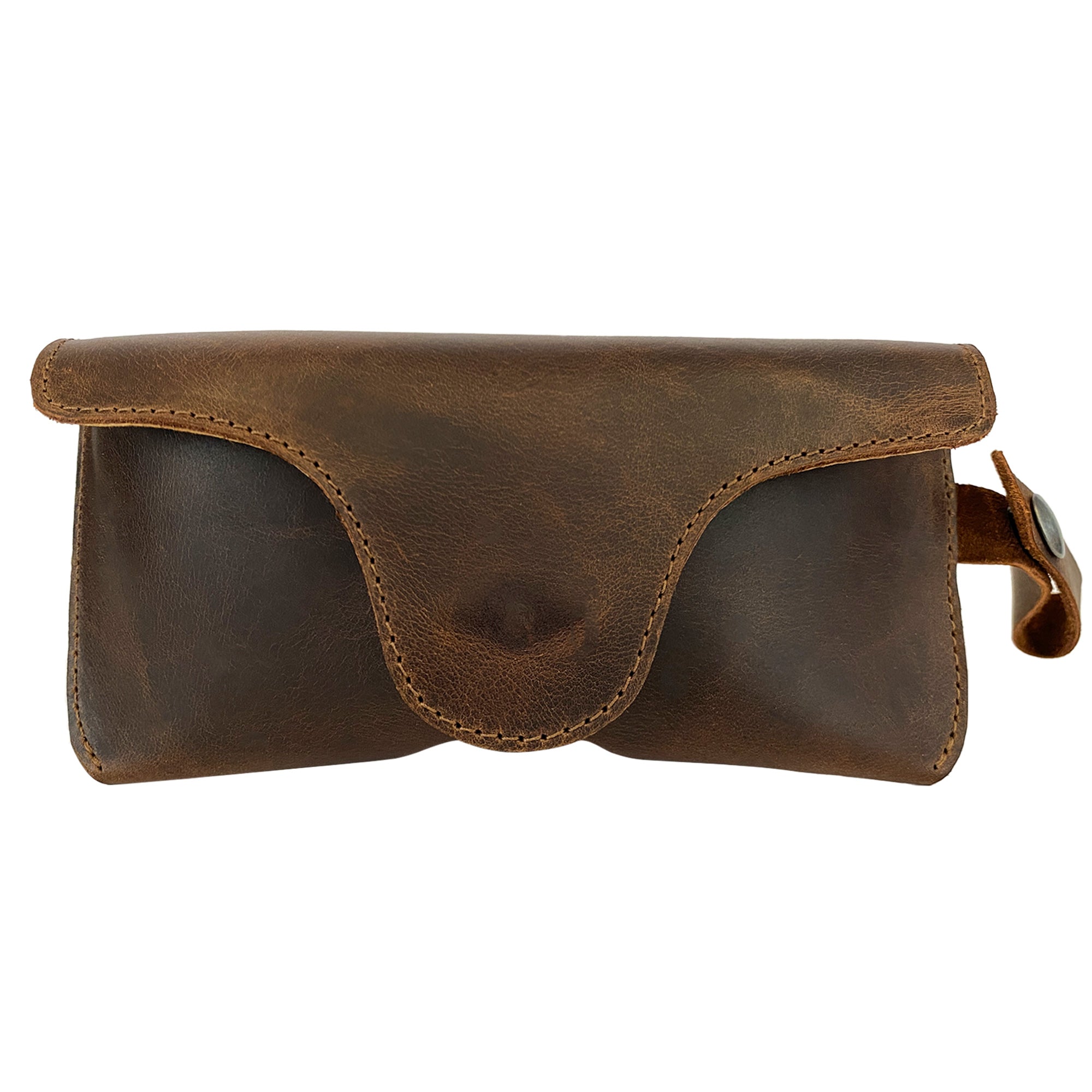 Stylish Eyeglasses Case with Strap by Hide & Drink showcasing a rustic design made from full grain leather, ideal as a sunglasses case and protector for eyewear. Features a convenient wrist strap, emblematic of small batch production and handmade craftsmanship in La Antigua Guatemala & Oaxaca Mexico.