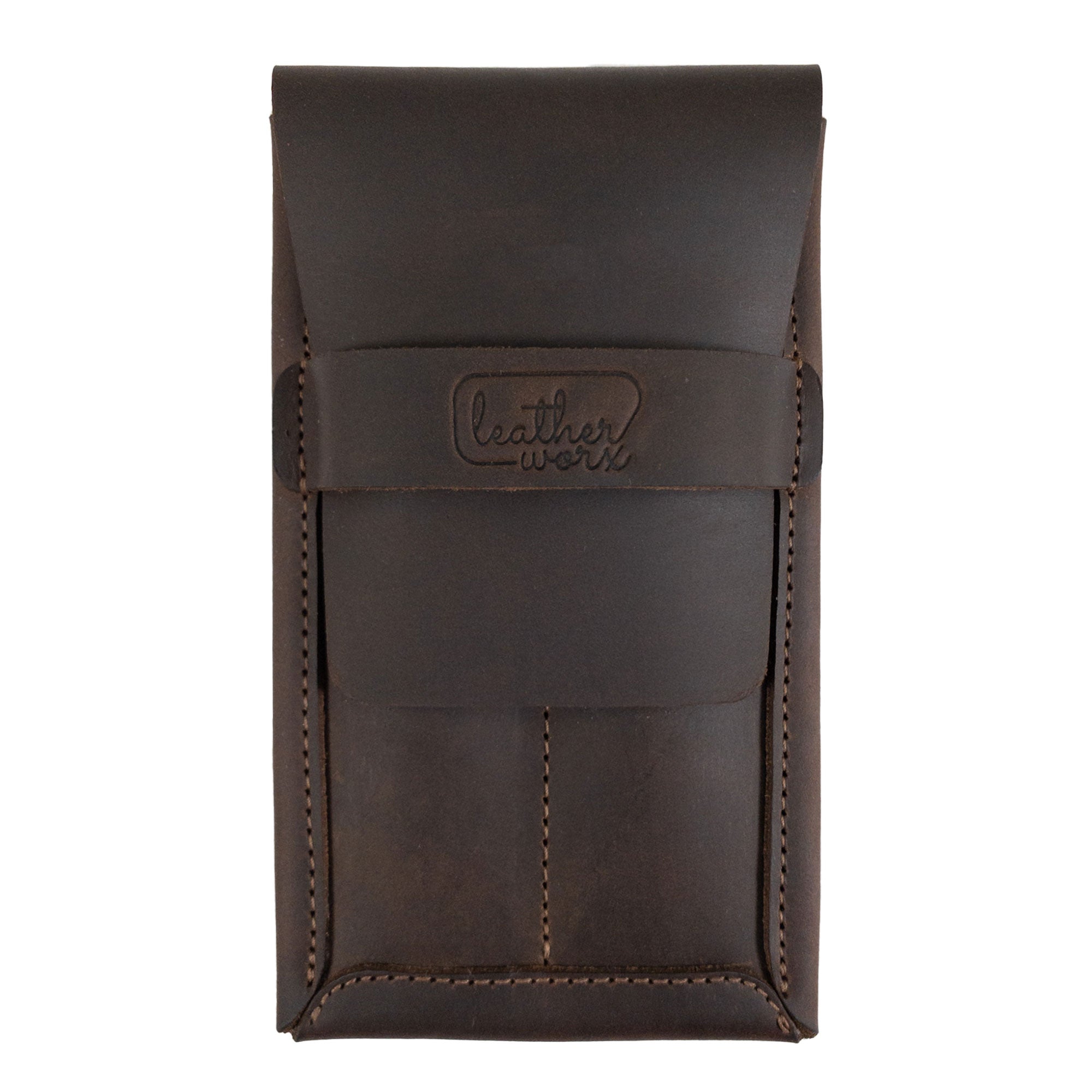 Front view of the Double Pen Case by Leather Worx in rich brown Full Grain Leather. This artisan product exhibits small batch production, hand cut, hand sewn, and fire branded craftsmanship. Handmade in La Antigua Guatemala and Oaxaca Mexico.