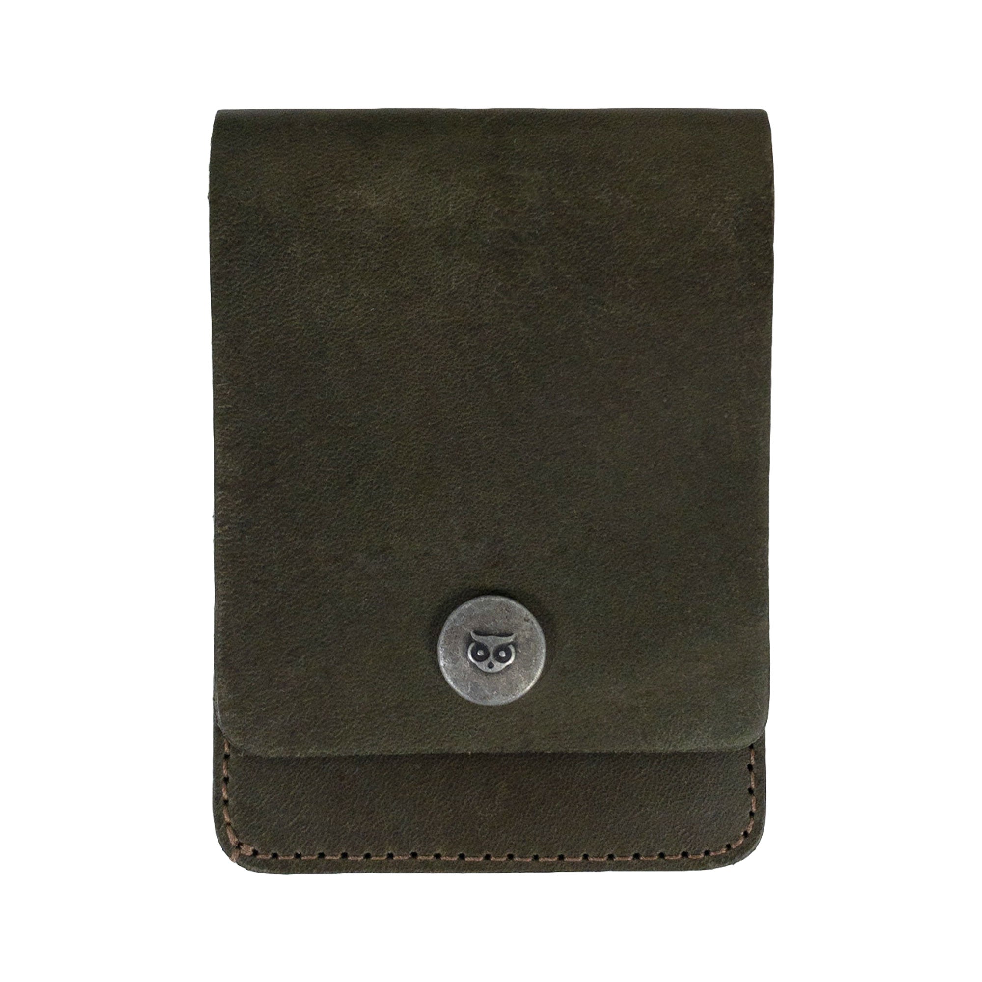 Front view of a green variant of the Vertical Wallet by Hide & Drink, featuring a press stud closure. This Vertical Front Pocket Wallet with Card Slot delivers compact storage for bills and card holding, constructed from durable full grain leather showcasing small batch craftsmanship, hand cut, hand sewn, and fire branded. Handmade in La Antigua Guatemala & Oaxaca Mexico.