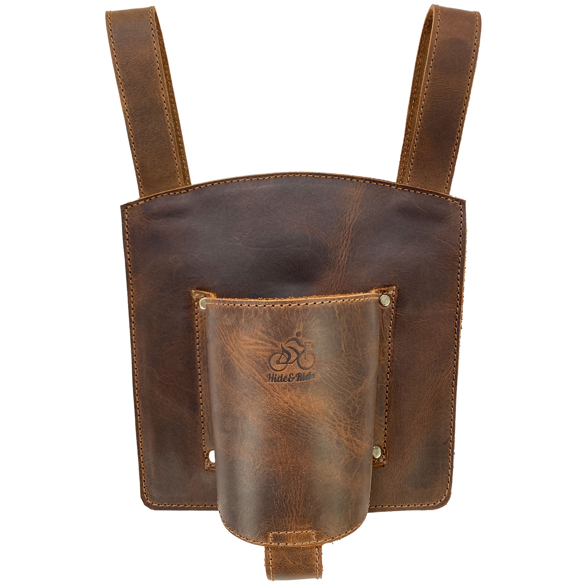 Bike Handlebar Cup Holder by Hide & Ride showcasing a rustic design, Handmade from Full Grain Leather, featuring a beverage pouch perfect for commuters, minimalist bikers, and urban nomads. Bike Handlebar Cup Holder Handmade from Full Grain Leather - Beverage Pouch for Commuters, Minimalist Bikers, Cyclers, Urban Nomad, Full Grain Leather, StockyardX, Small Batch Production, Hand Cut, Hand Sewn, Fire Branded, Artisan, Handmade in La Antigua Guatemala & Oaxaca Mexico.