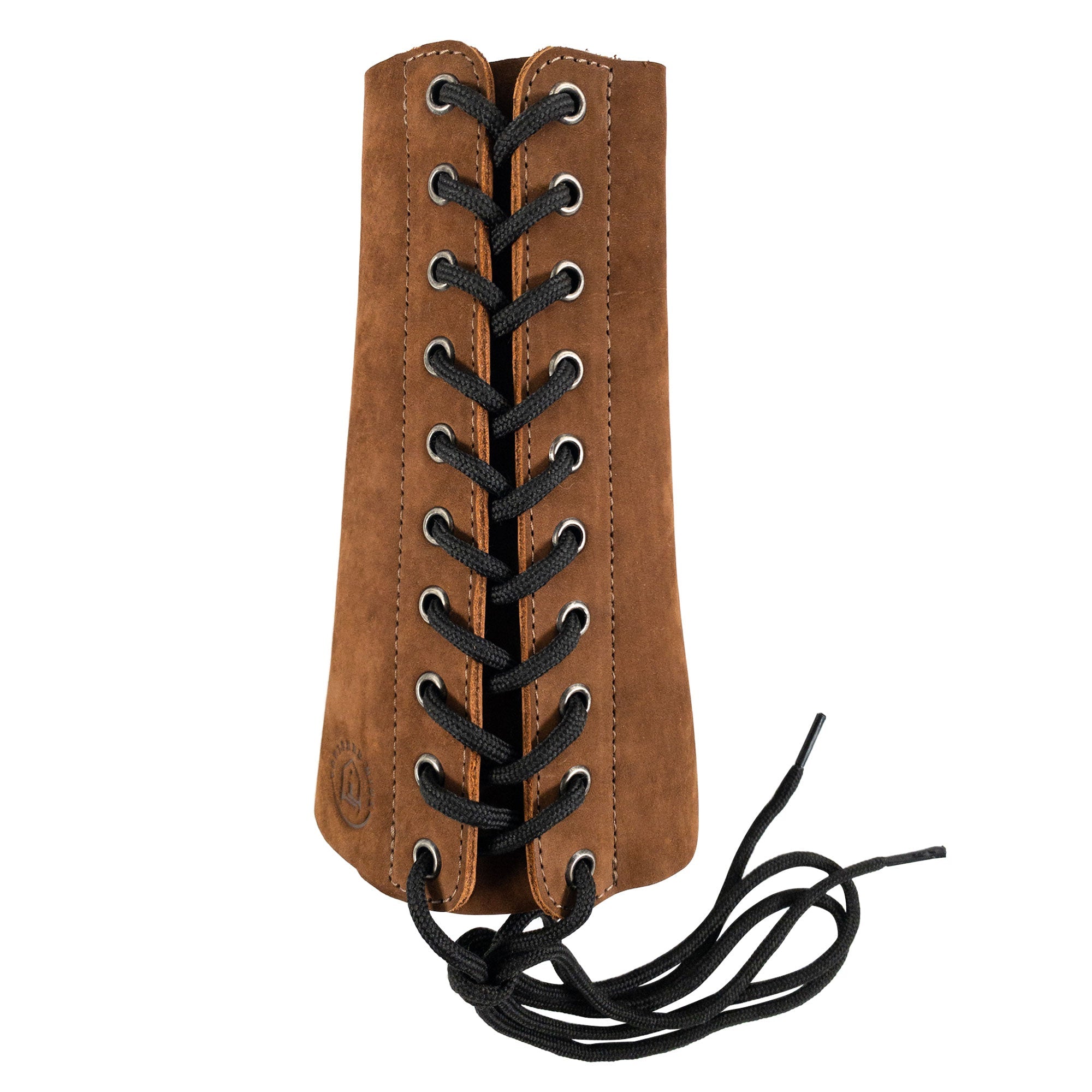 Brown Blacksmith Forearm Protector by Toolshed Hide, showcasing a classic design with laces made of full grain leather, perfect for heat resistance. This rustic bracer for protection is hand cut and hand sewn, embodying artisan craftsmanship from La Antigua Guatemala. Ideal for blacksmithing and featuring fire branding.