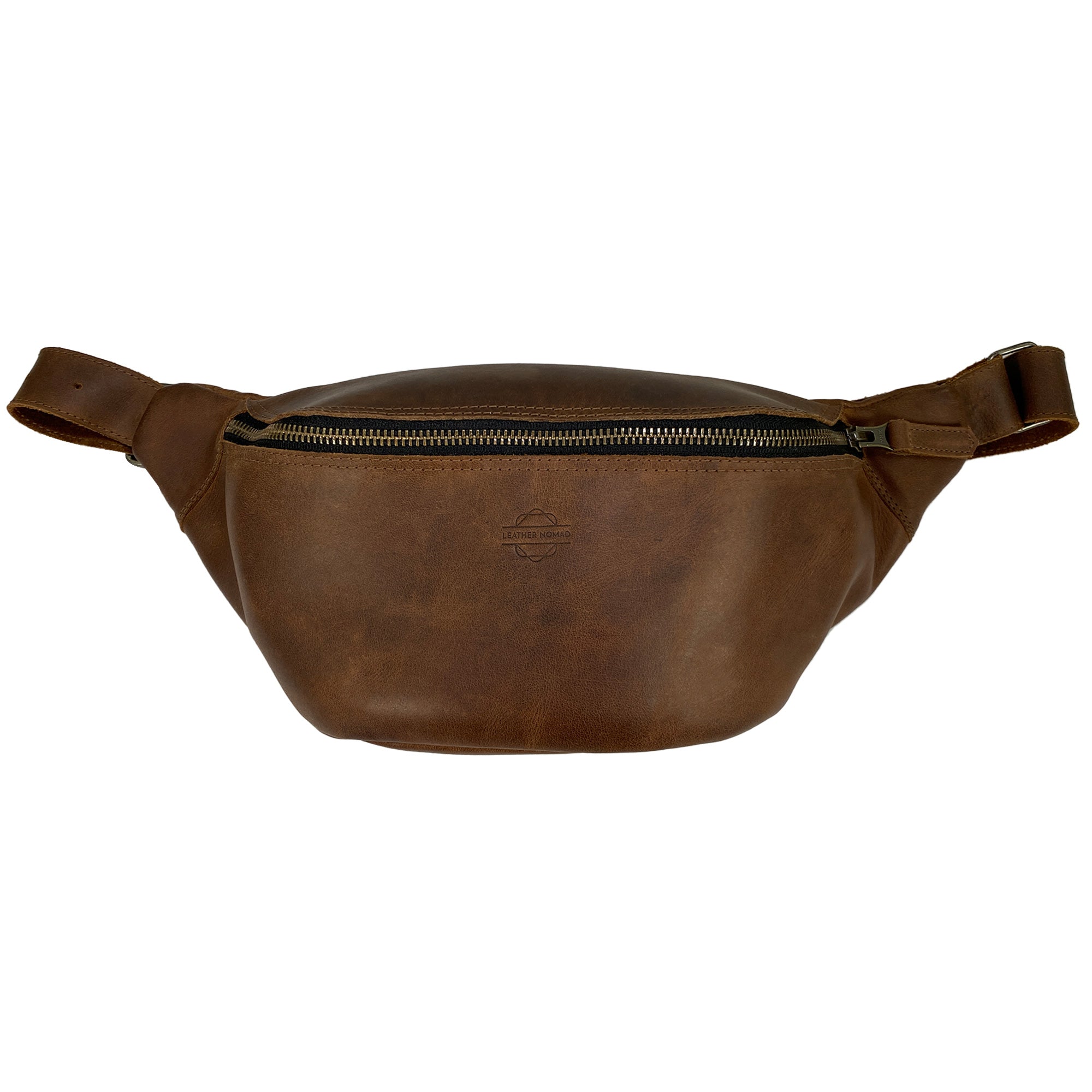 Zippered Fanny Pack by Leather Nomad, handmade from full grain leather. Stylish waist bag perfect for storing money, phone, and valuables while traveling. Crafted with care in La Antigua Guatemala, featuring small batch production, hand cut, hand sewn, and fire branded for a unique artisan touch.