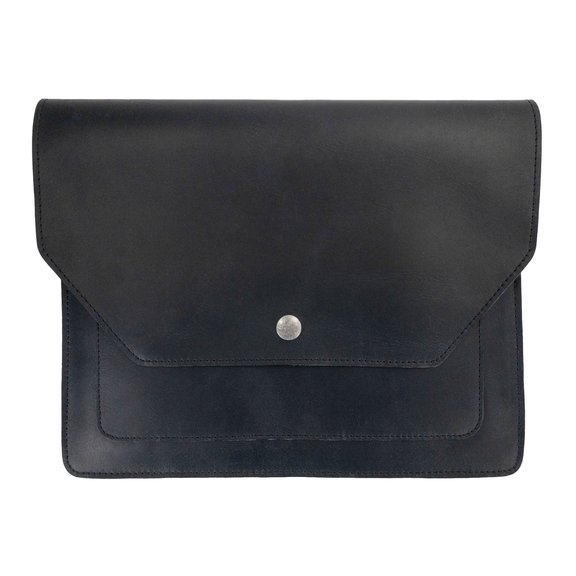Front view of Hide & Drink's Slim Portfolio in black, a handmade Flat Messenger Case made from Full Grain Leather. This Narrow Document Holder is an ideal office accessory, highlighting small batch production in La Antigua Guatemala & Oaxaca Mexico.