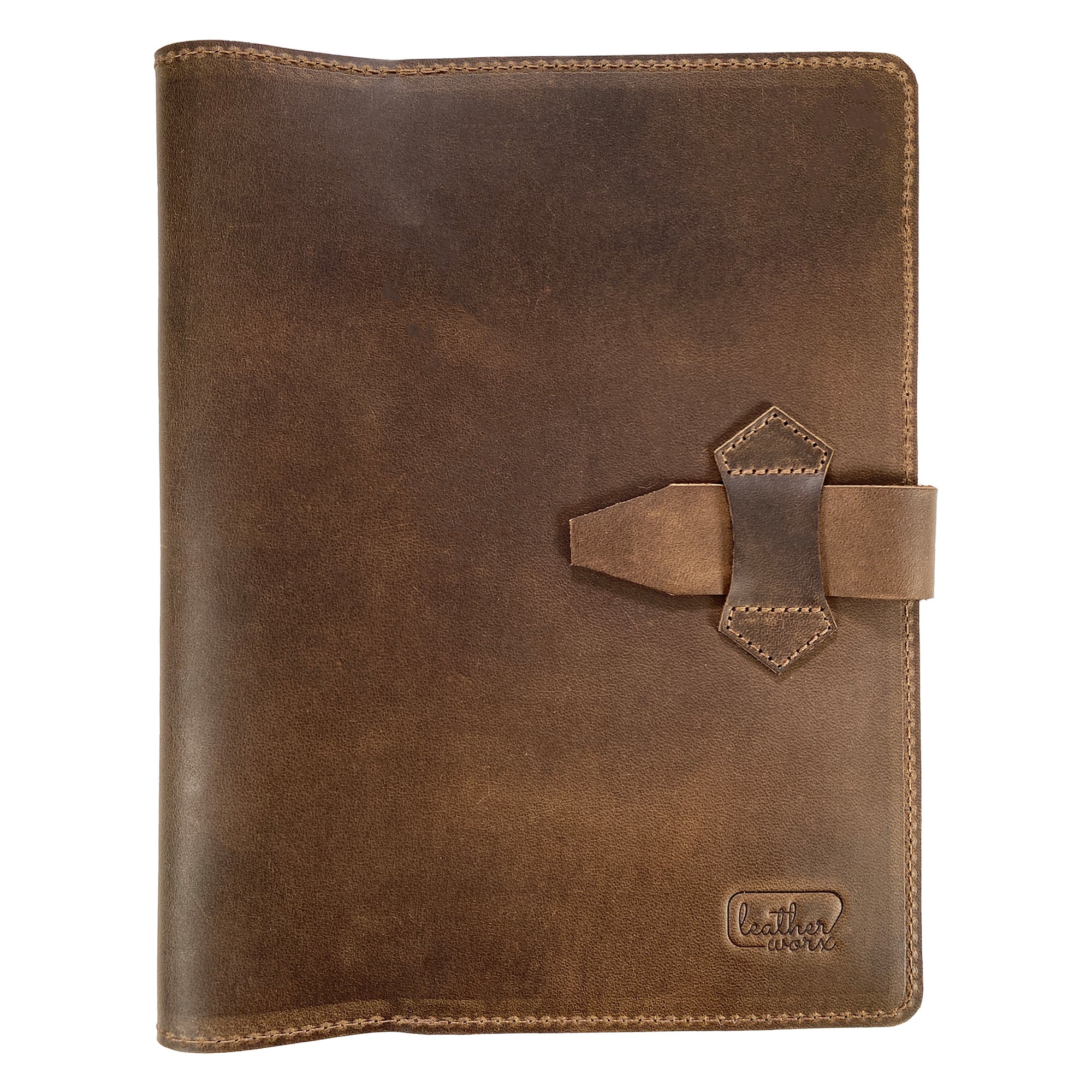 Leather Worx Notepad Cover, showcasing a rich brown full grain leather design, perfect for storing your journal. This Notepad Cover is made from durable, artisan-crafted material. It features a classy and professional look, representing small batch production with hand cut and hand sewn elements, fire branded for authenticity. Handmade in La Antigua Guatemala.