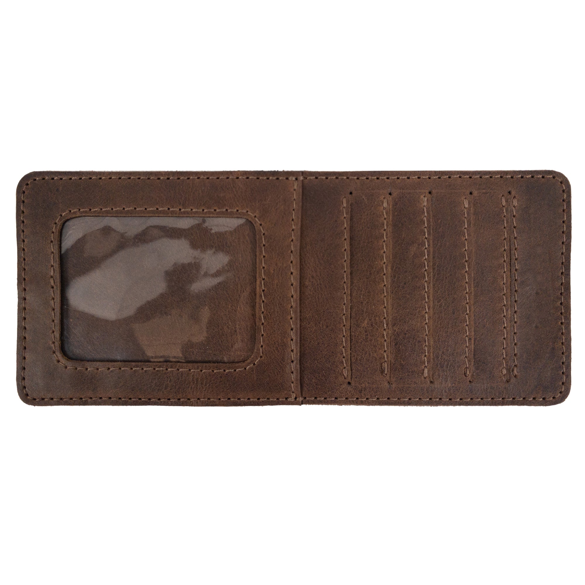 Interior view of Heather's Vertical Cards & ID Organizer showcasing a clear ID holder and card slots made from Full Grain Leather, reflecting artisanal craftsmanship in line with StockyardX's Small Batch Production and Hand Cut methods.