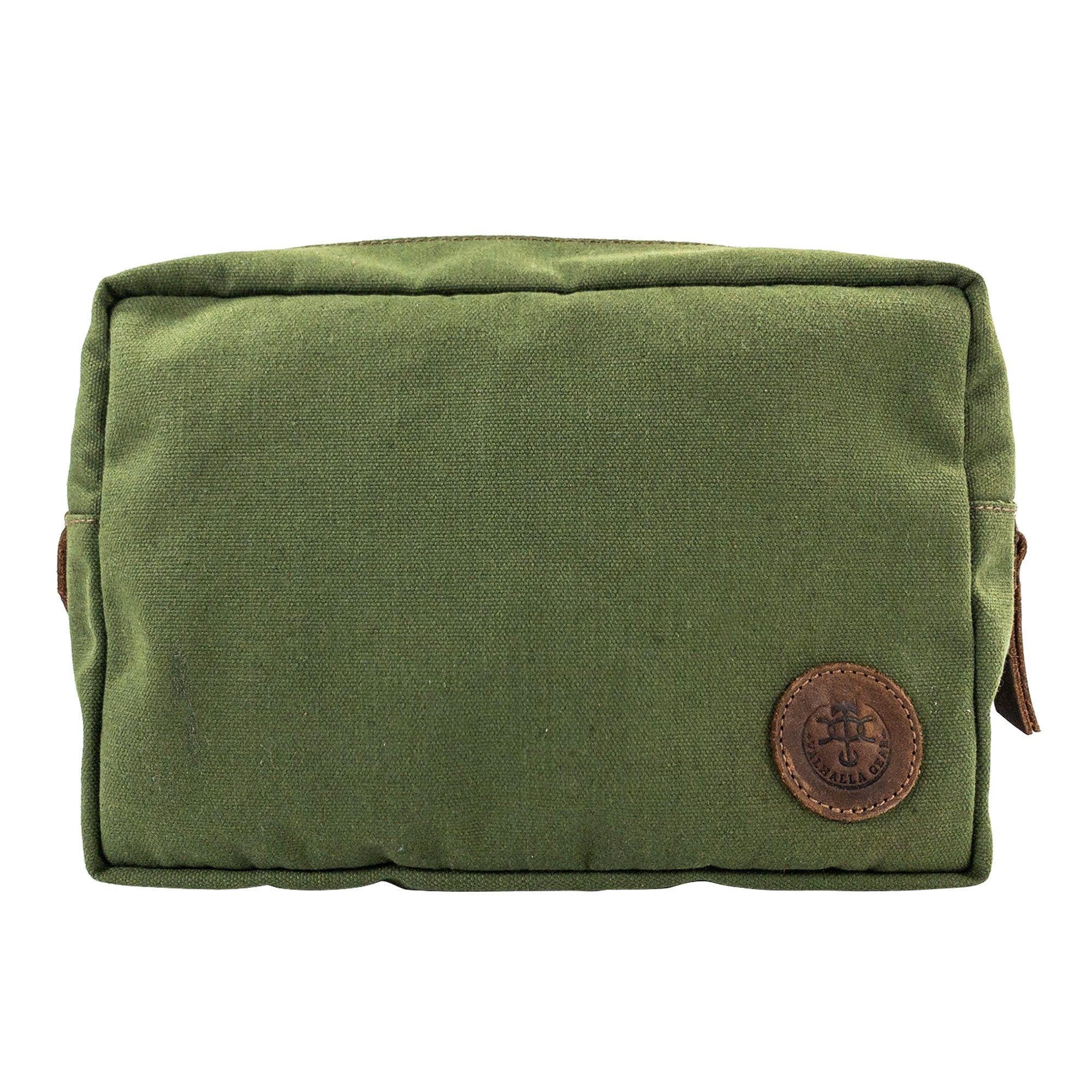 Front view of a Rectangular Utility Bag for Camping by Valhalla Gear, showcasing durable water-resistant canvas and full grain leather construction, handmade in La Antigua Guatemala.