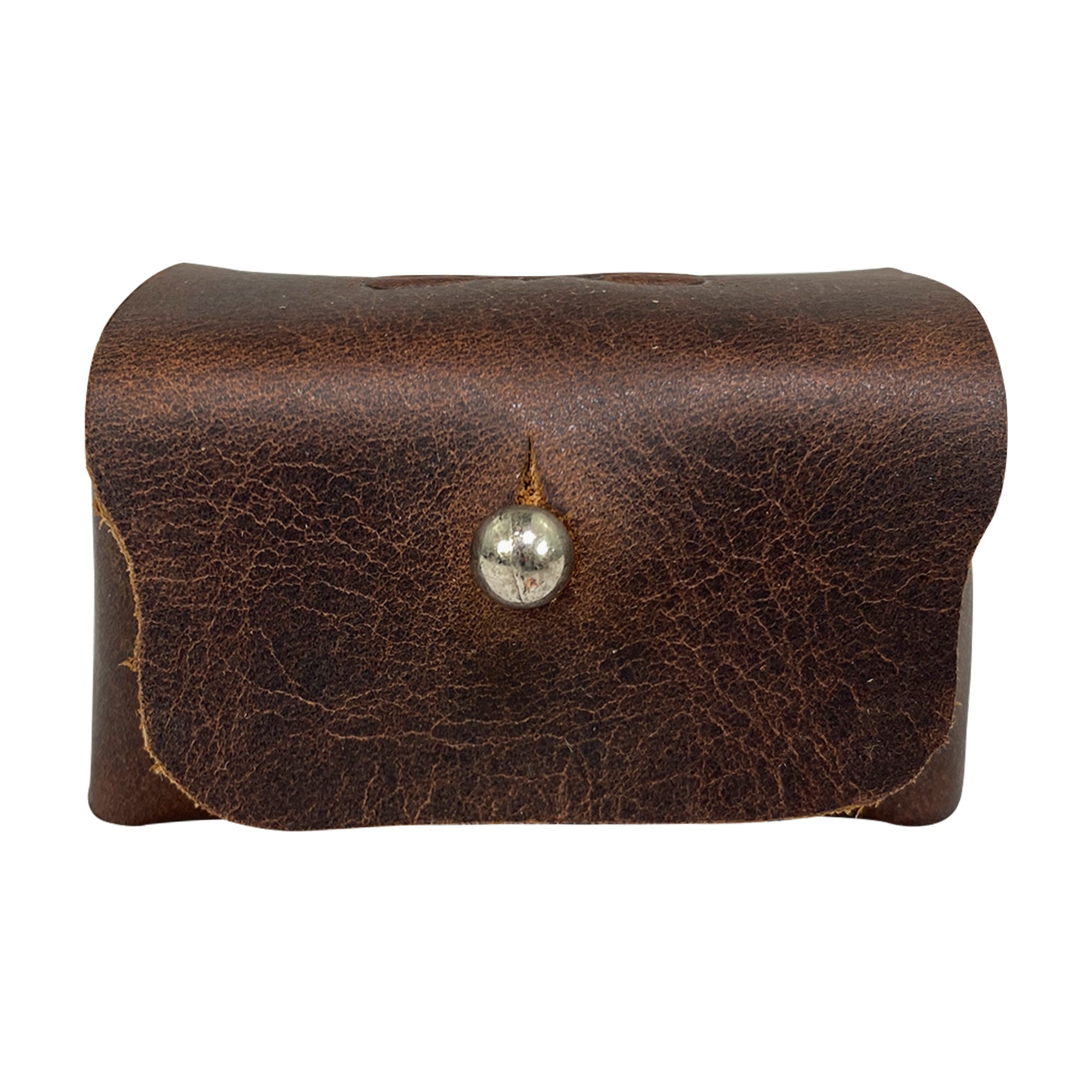 Front view of a rustic cufflinks case by Hide & Groom, showcasing a durable full grain leather design. This handcrafted cufflinks case is perfect for storing shirt studs, making it an essential men's accessory. Rustic Cufflinks Case - Protective Storage for Shirt Studs, Men's Accessories, Full Grain Leather, StockyardX, Small Batch Production, Hand Cut, Hand Sewn, Fire Branded, Artisan, Handmade in La Antigua Guatemala & Oaxaca Mexico.