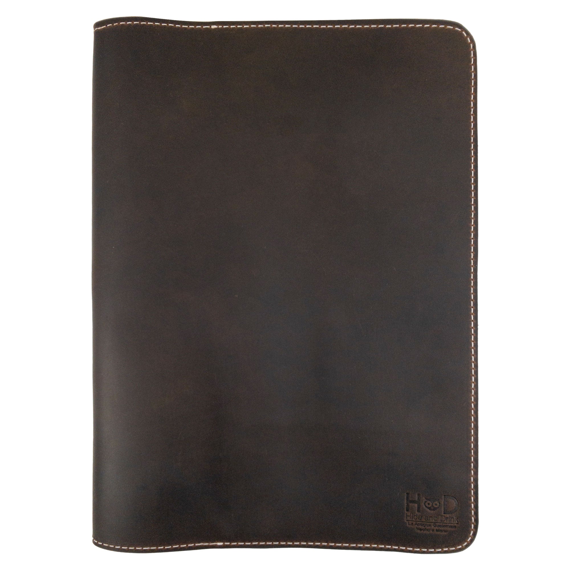 Back view of the charcoal leather Full Grain Leather Journal Cover for Moleskine Cahier XL (7.5 x 9.75 in.) by Hide & Drink, highlighting the attention to detail of this exquisite notebook sleeve, perfectly crafted.