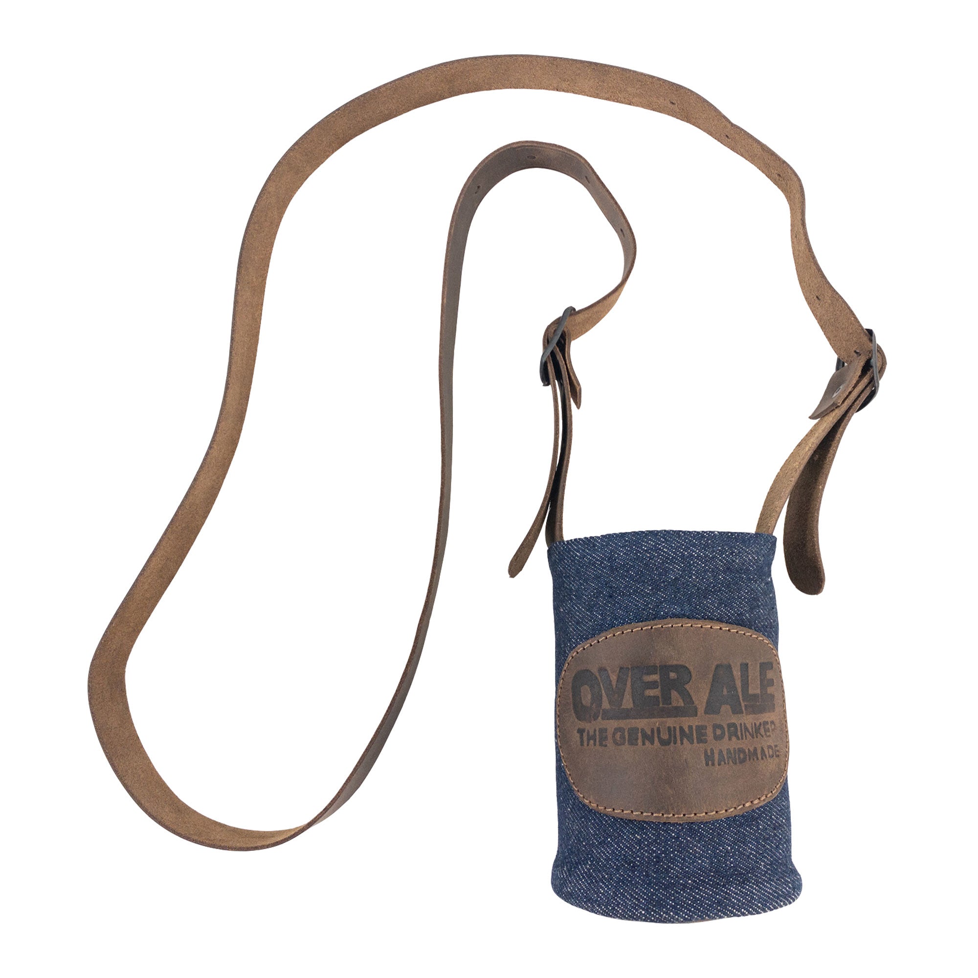 Over Ale Hands-Free Beer Strap by Hide & Drink, a handmade product made from repurposed denim and full grain leather. StockyardX offers small batch production, with each strap hand cut, hand sewn, and fire branded. Artisan craftsmanship from La Antigua Guatemala and Oaxaca Mexico.