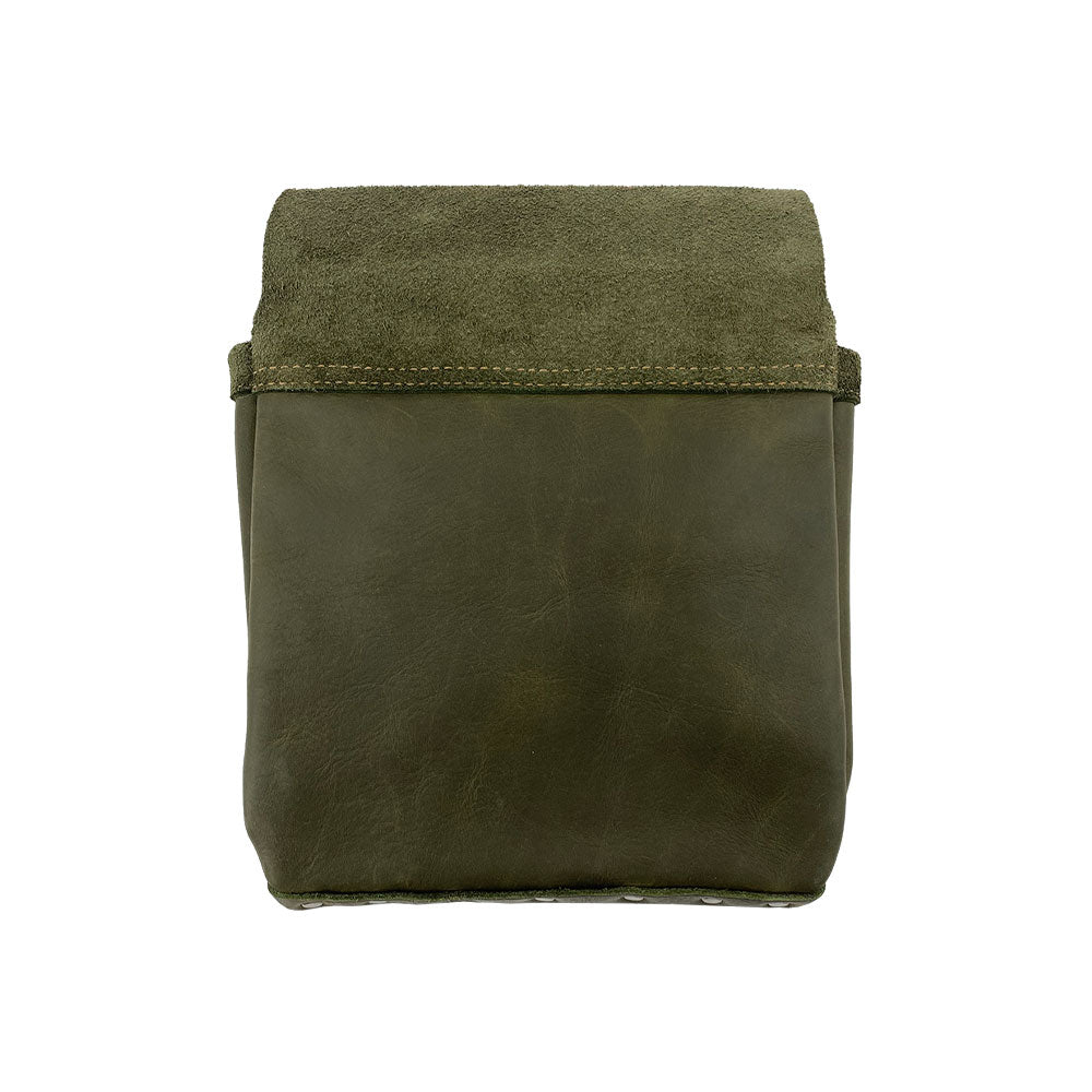 Back view of the Constructor Belt Bag in olive green by Hide & Drink, perfect for constructors. This high-quality tool belt bag is made from full grain leather and expertly crafted in La Antigua Guatemala & Oaxaca Mexico.
