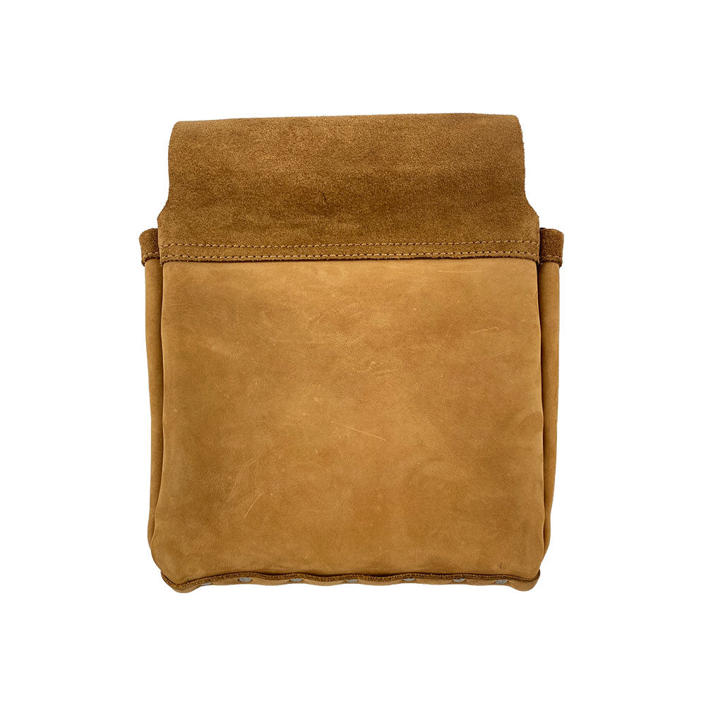 Back view of the Constructor Belt Bag in tan by Hide & Drink, ideal for constructors. This sturdy tool bag features a single big pocket made from high-quality full grain leather and showcases artisan craftsmanship from La Antigua Guatemala & Oaxaca Mexico.