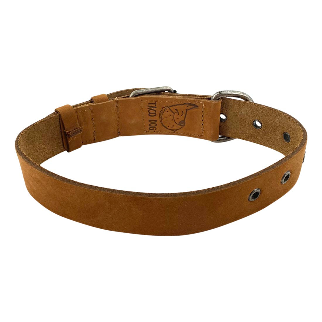 Rugged Thick Leather Dog Collar for Medium Size Dog (12 to 21 Inches) by Taco Dog, ensuring your pet's comfort. Perfect for dog lovers, showcasing small batch production, artisan handmade details, and high-quality leather from La Antigua Guatemala.