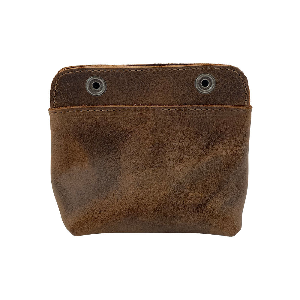 Back view of the Hide & Drink Double Snap Pouch, a versatile coin purse and cash & card holder crafted from durable full grain leather. Perfect for organizing cables or makeup, it exemplifies small batch artisan production, hand cut and sewn in La Antigua Guatemala.