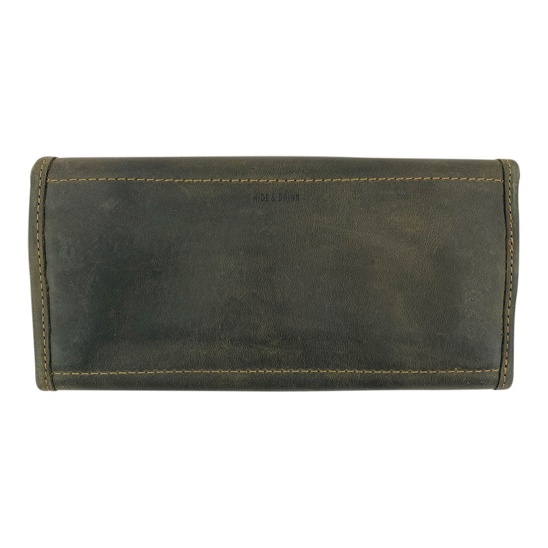 Back view of the olive green Single Snap Zippered Wallet by Hide & Drink, showcasing its minimalist design. This Snap Clutch Wallet for Women functions as a reliable money holder and card organizer with a zippered pouch, artisan crafted from full grain leather in La Antigua Guatemala.