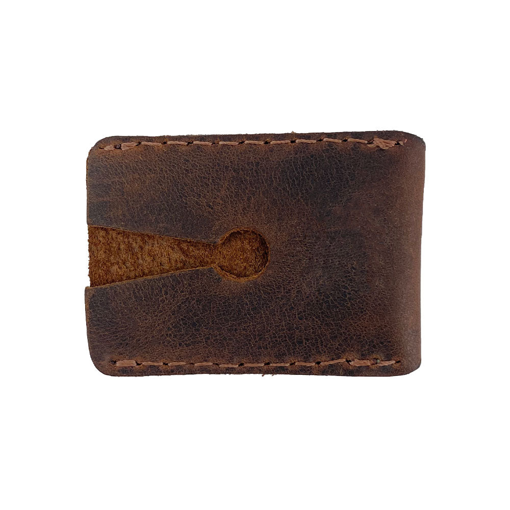 Back view of Hide & Drink's Razor Head Cover, showcasing its durable full grain leather and hand-sewn finish. This protective shear is perfect for your double edge safety razor and ideal for travel, representing artisan craftsmanship from La Antigua Guatemala & Oaxaca Mexico.