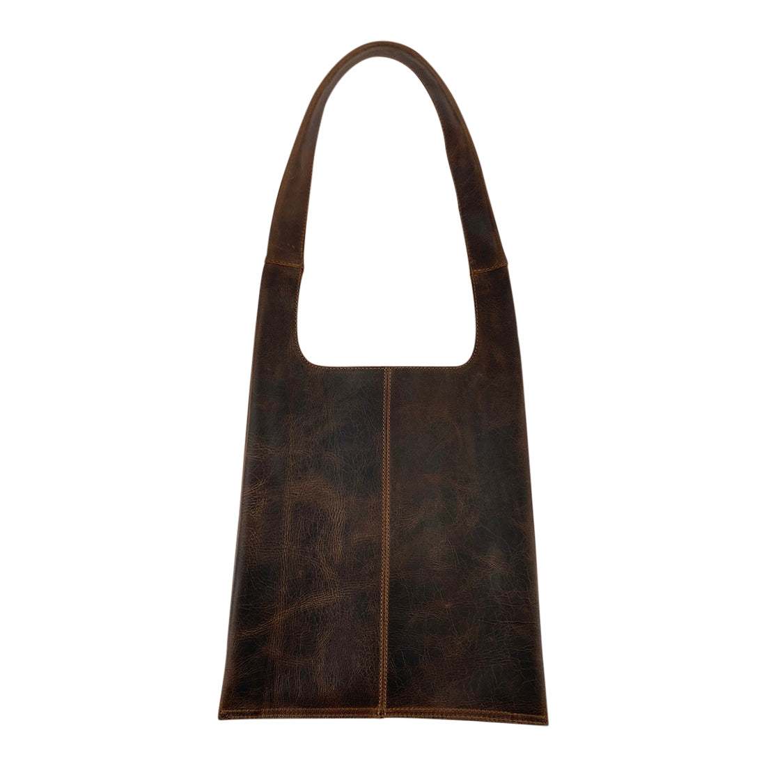 Front view of a Shoulder Bag for Laptop by Hide & Drink showcasing a sleek design in full grain leather, perfect for carrying a 13-inch MacBook Air/Pro. This messenger bag combines style with functionality, ideal for travel. Artisan handcrafted in La Antigua Guatemala.