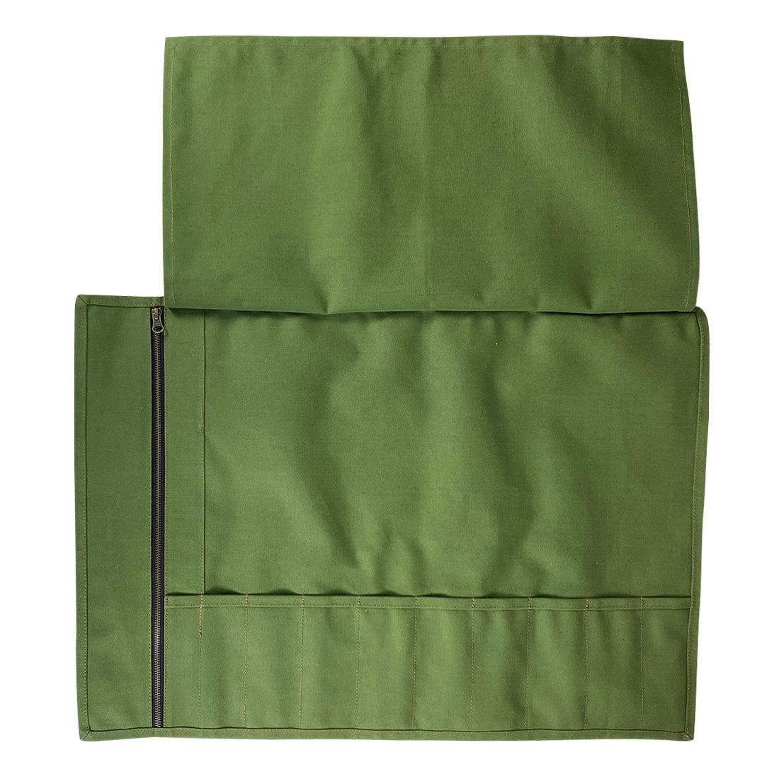 Empty Cast Leather Co. Knife Roll Bag displayed flat, featuring the durable water-resistant canvas and full grain leather design. Ideal for storing up to 10 specialty knives, this Knife Roll Bag protects sharp cooking items while being handmade in La Antigua Guatemala & Oaxaca Mexico.