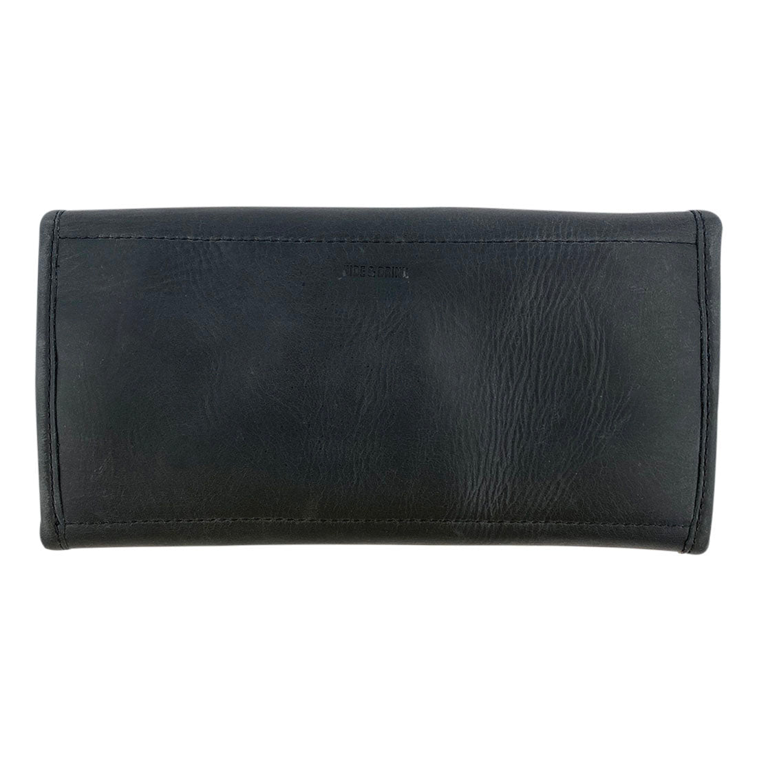 Back view of the black Single Snap Zippered Wallet by Hide & Drink, highlighting its stylish features. This Snap Clutch Wallet for Women is a functional money holder and card organizer with a zippered pouch, designed from full grain leather and expertly handcrafted in La Antigua Guatemala.