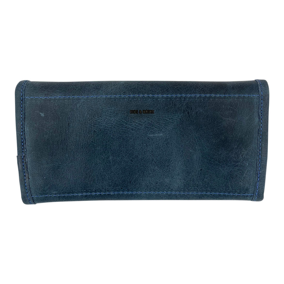 Back view of the navy blue Single Snap Zippered Wallet by Hide & Drink, highlighting its stylish features. This Snap Clutch Wallet for Women serves as a beautiful money holder and card organizer with a zippered pouch, crafted from premium full grain leather, artisan made in La Antigua Guatemala.
