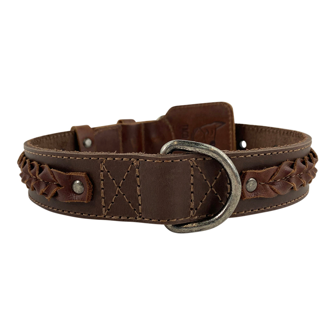Close-up of Taco Dog's Braided Big Dog Collar showing intricate braiding and a durable construction, perfect for large breeds. This collar is handmade with care and offers a comfortable fit, showcasing soft, robust full grain leather.