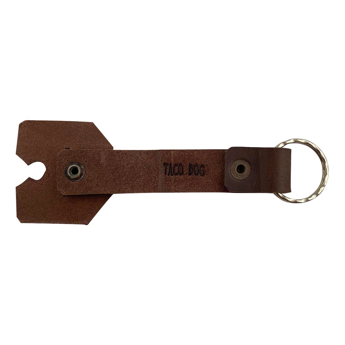 Back view of the Taco Dog Doggy Fob Keychain, emphasizing its unique craftsmanship and branding. This versatile and durable keychain, made from full grain leather, is ideal for organizing keys. It's a fantastic gift for dog owners and exemplifies artisan handcrafted quality from La Antigua Guatemala.
