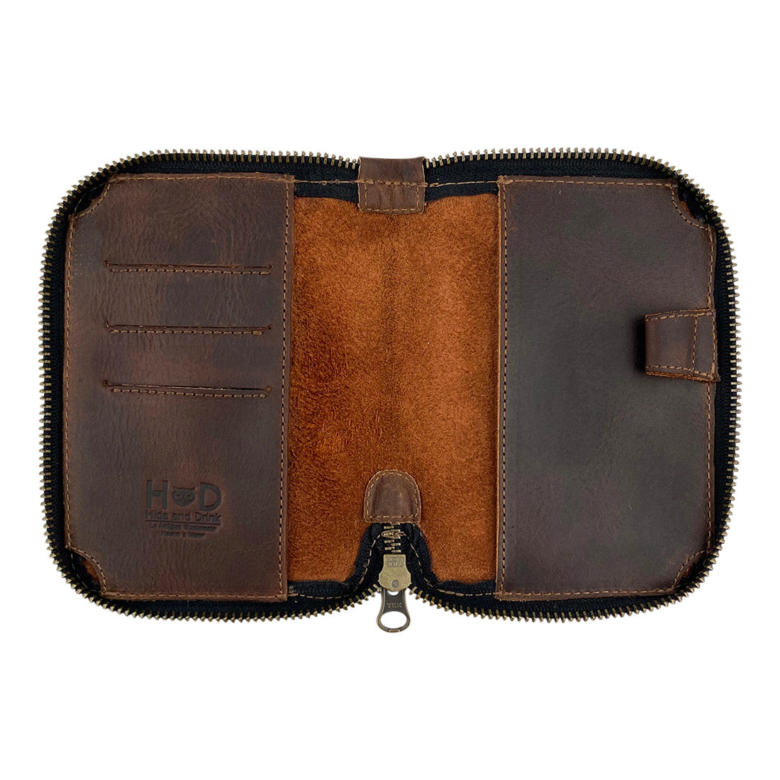 Interior view of the Zippered Passport Wallet by Hide & Drink, featuring organized compartments for cards and cash, embodying craftsmanship with its Full Grain Leather. Zippered Passport Wallet Handmade from Full Grain Leather - Storage Case for Identification, Credit Cards, Cash Full Grain Leather, StockyardX, Small Batch Production, Hand Cut, Hand Sewn, Fire Branded, Artisan, Handmade in La Antigua Guatemala & Oaxaca Mexico.