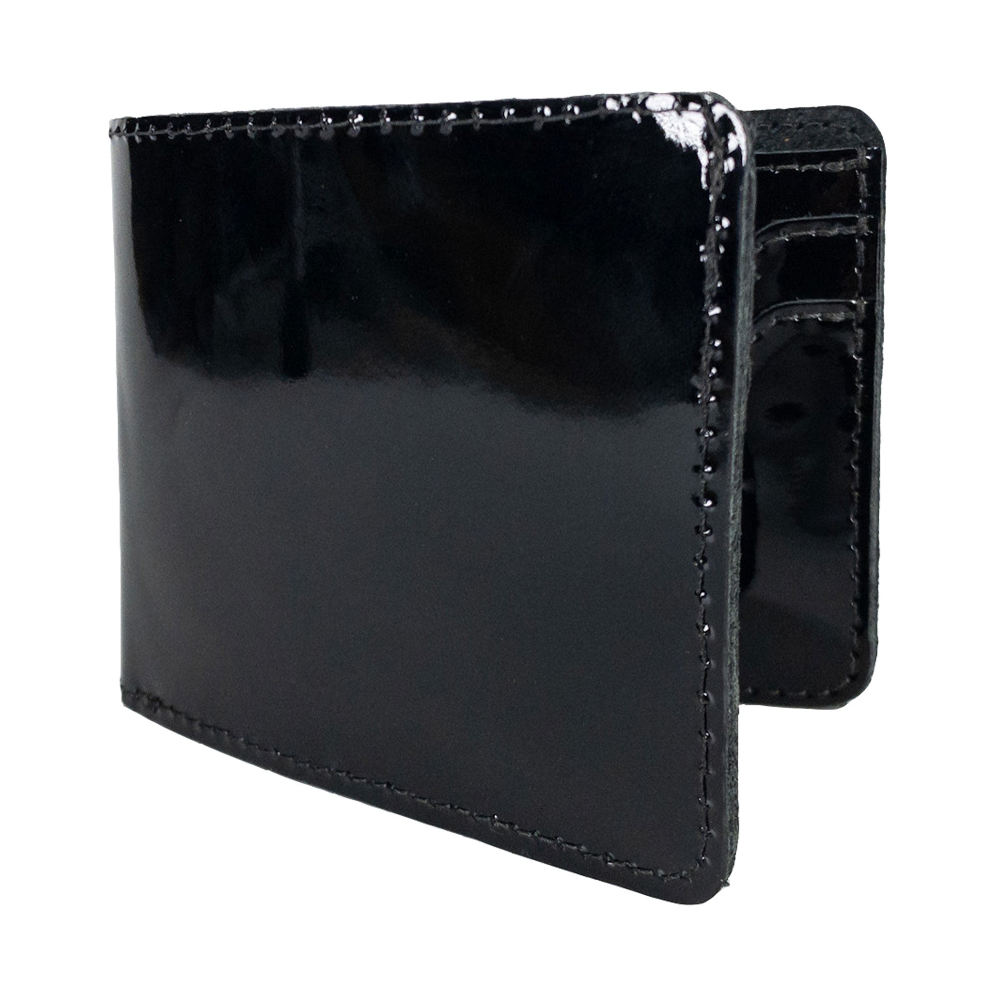 Glossy black Classic Wallet by Hide & Drink with a sleek exterior design. This Classic Bifold Wallet, crafted from Full Grain Leather, provides a modern storage case for identification. An excellent travel accessory, it showcases artisan skills through small batch production, hand cut and sewn in La Antigua Guatemala & Oaxaca Mexico.