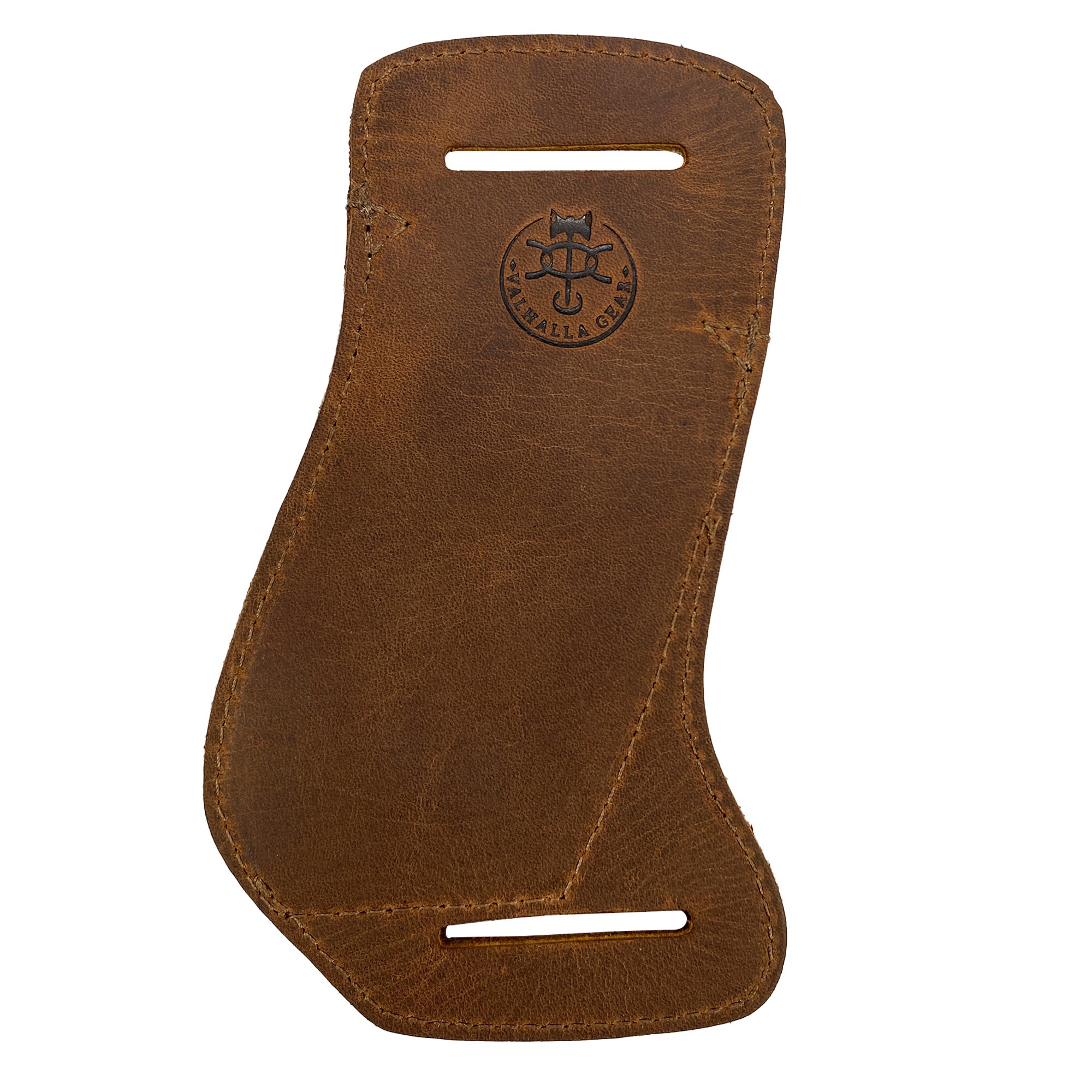 Bright brown Valhalla Gear Horizontal Knife Holster displayed on a flat surface, highlighting the quality of full grain leather in its design. Ideal for carrying tools, this Horizontal Knife Holster - Multitool Holder, Tool Case, Camping & Outdoor Accessories, Full Grain Leather, StockyardX, Small Batch Production, Hand Cut, Hand Sewn, Fire Branded, Artisan, Handmade in La Antigua Guatemala & Oaxaca Mexico.
