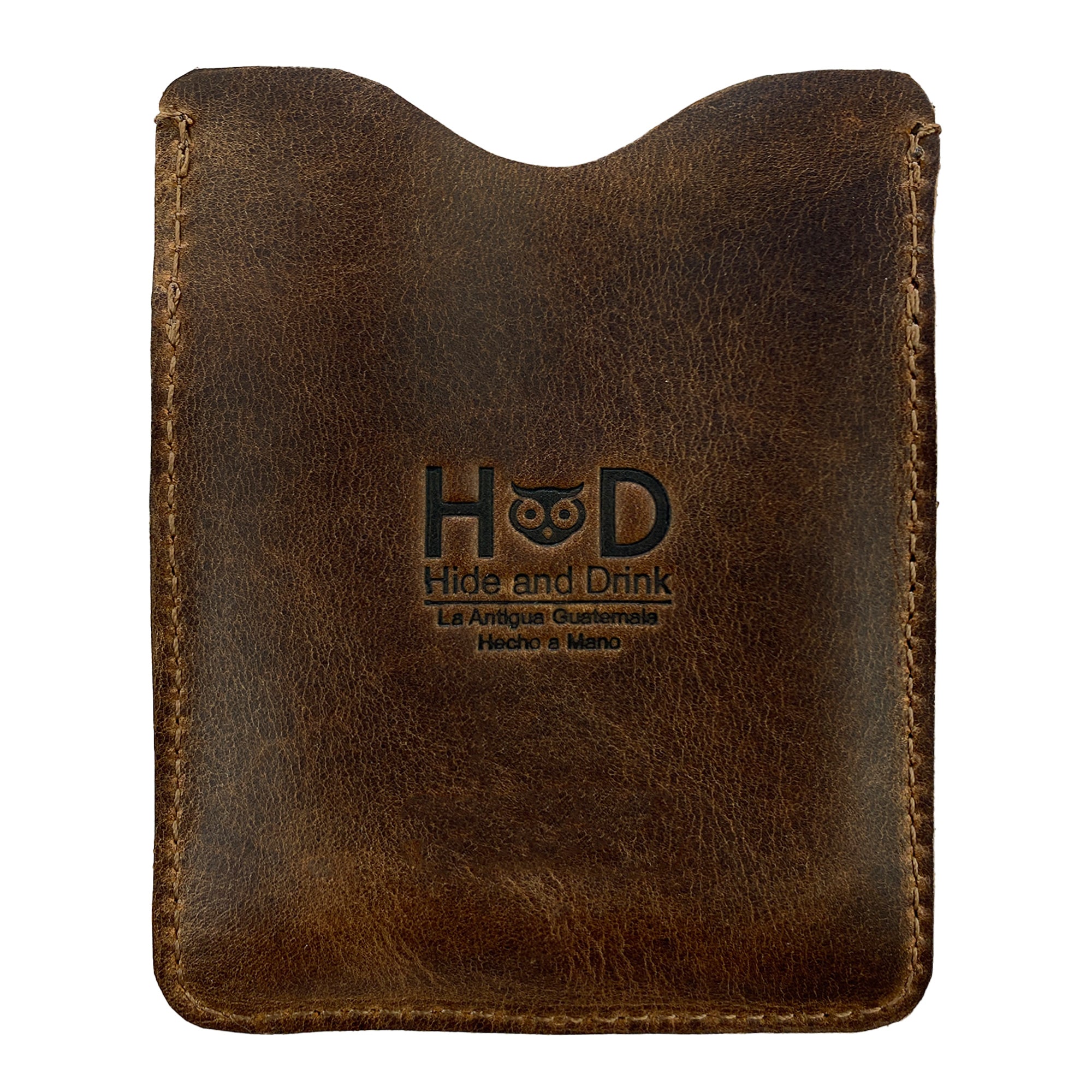 Back view of the Hide & Drink Card Holder with Small Tool Slots, featuring a fire-branded logo. This full grain leather card holder is ideal for organizing workshop accessories like small tools and is handmade in La Antigua Guatemala.