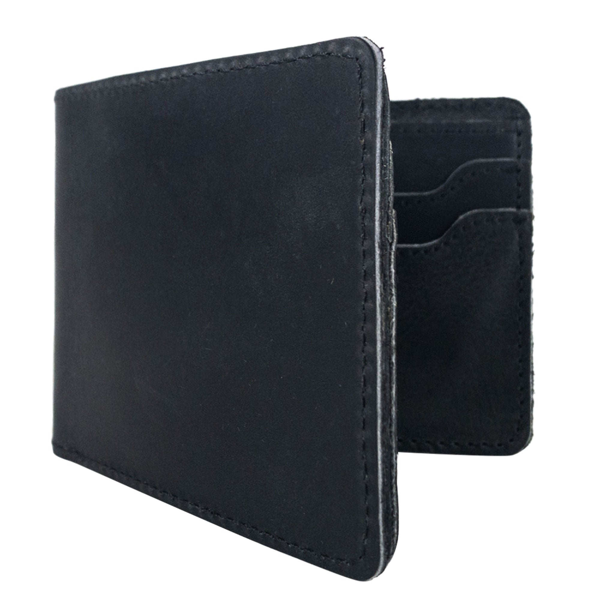 Classic Wallet displayed open with a business card, showcasing its utility. This Classic Bifold Wallet by Hide & Drink is crafted from Full Grain Leather, providing a practical storage case for identification. A stylish travel accessory, it reflects artisan craftsmanship with small batch production, hand cut and sewn in La Antigua Guatemala & Oaxaca Mexico.