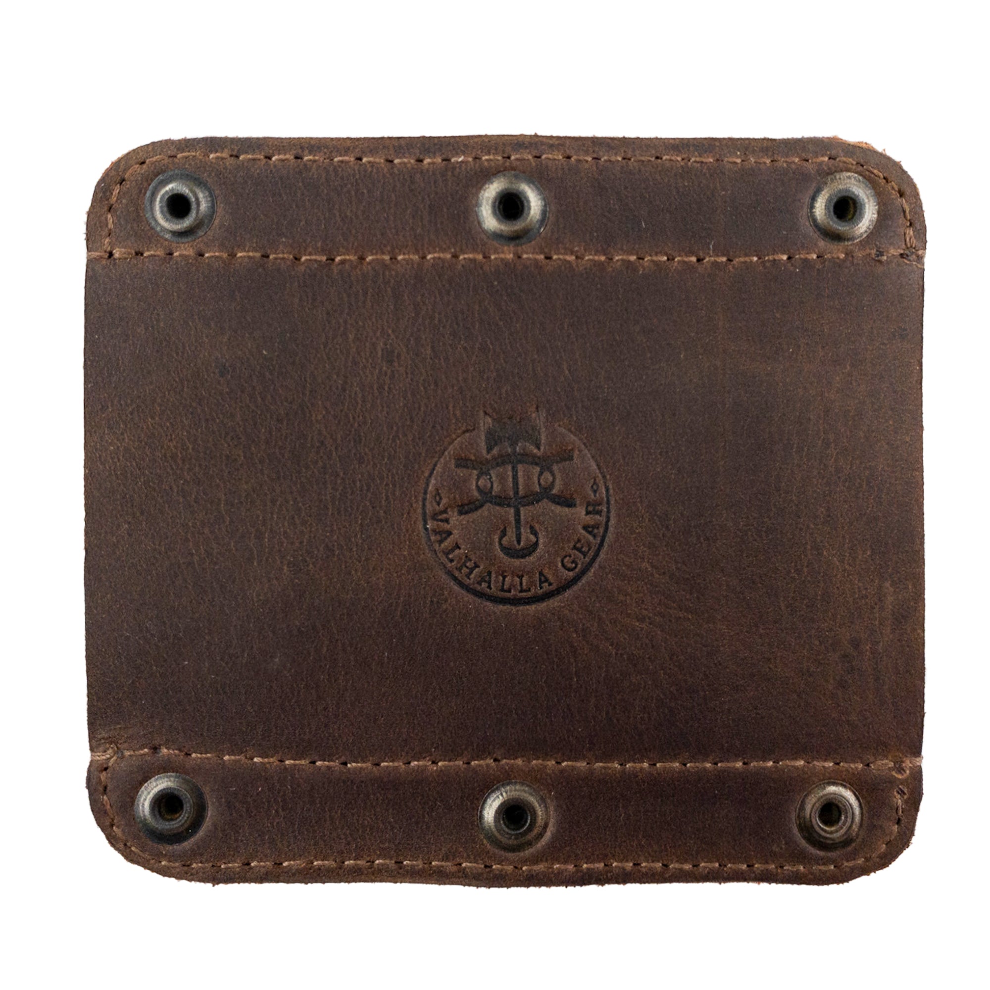 Bottom view of a Knife Sheath for Belt from Valhalla Gear, highlighting the fire branded logo and intricate stitching. This full grain leather Knife Holster - Horizontal Holder stands out as a top choice for tool cases and outdoor activities, proudly made through hand cut, hand sewn techniques from local artisans.