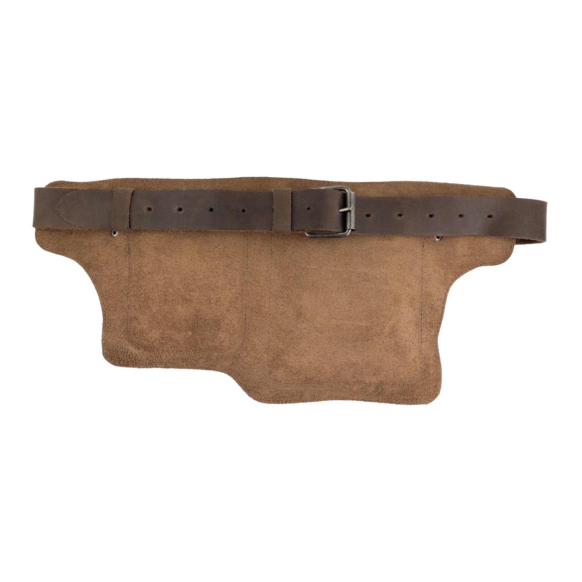 The back view of the Hide & Drink Rectangular Waist Bag, designed with an adjustable strap and suede finish. This Waist Bag with Adjustable Belt serves as a versatile outdoor accessory, crafted from premium Full Grain Leather. Ideal for tool holding during outdoor adventures, showcasing small batch production and artisan craftsmanship made in La Antigua Guatemala & Oaxaca Mexico.