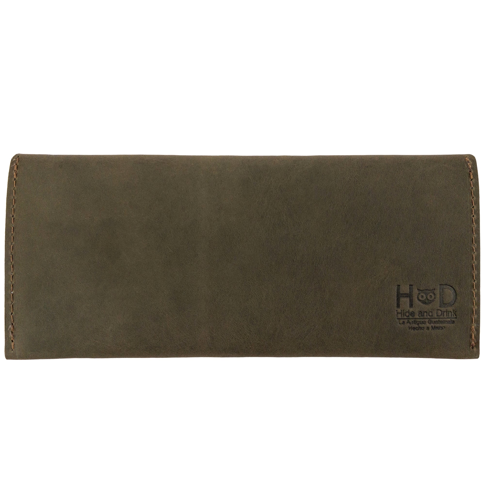 Back view of the green Long Utility Pouch by Hide & Drink, emphasizing its artisan quality and stylish appeal. A perfect wallet for everyday use crafted from full grain leather.