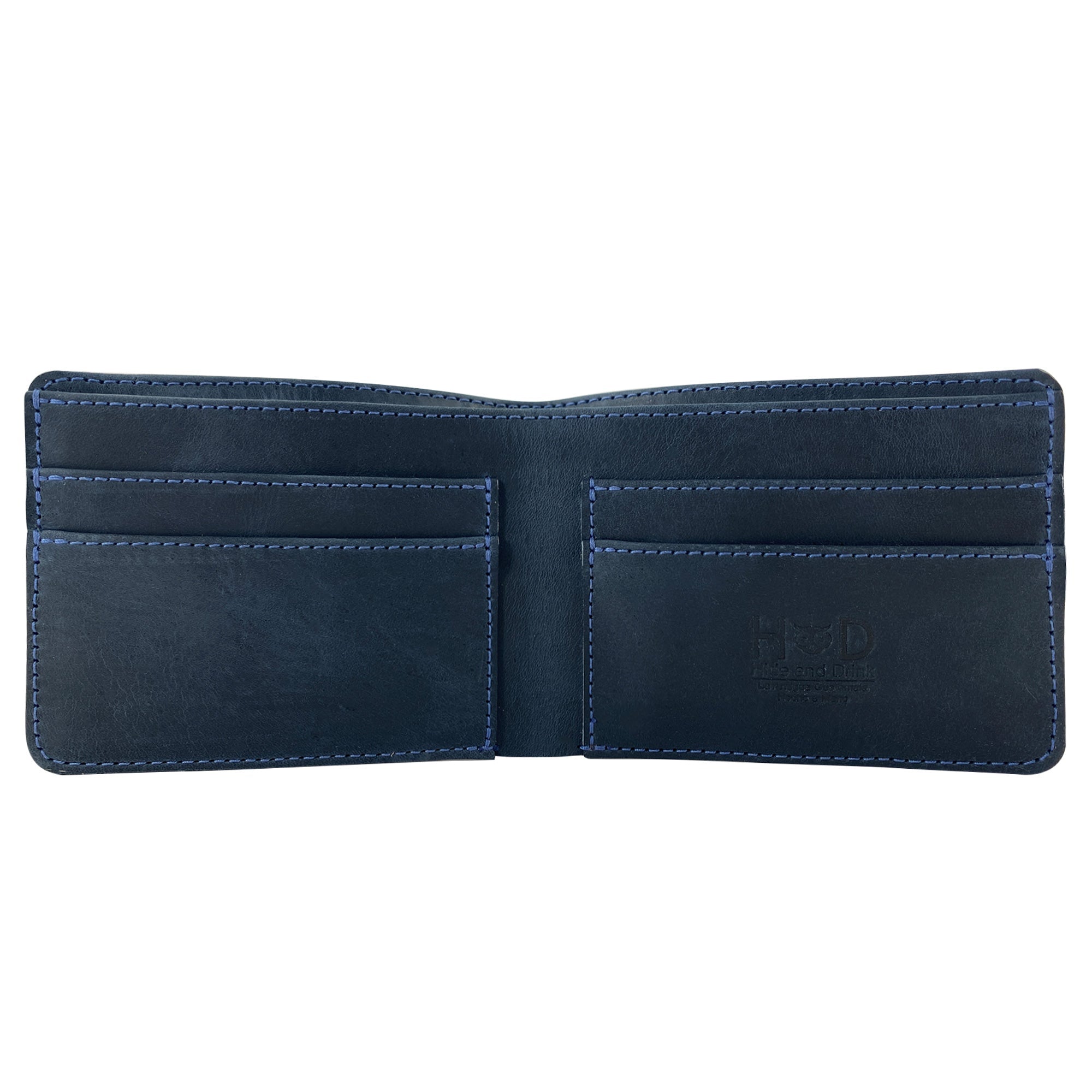 Open view of Hide & Drink's blue Bifold Wallet displaying card slots, emphasizing its organization. This Slim Bifold Wallet functions as a classic billfold for storing cash and cards, serving as a stylish travel accessory made from full grain leather, handcrafted in La Antigua Guatemala & Oaxaca Mexico.