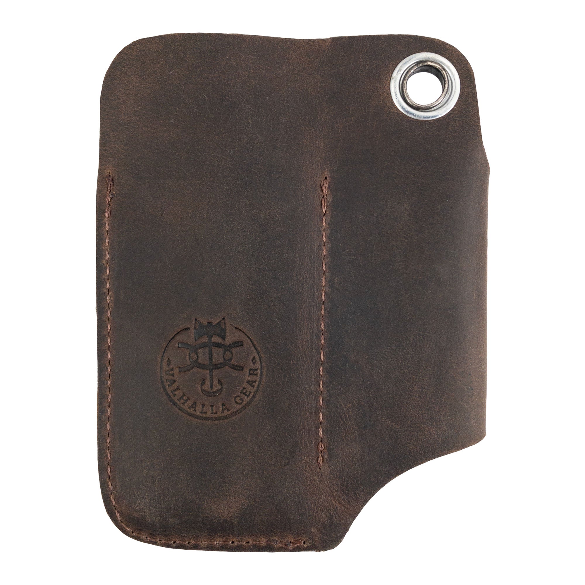 Back view of the Compact EDC Tool Holster from Valhalla Gear, made of premium full grain leather. This artisan hand-sewn pocket case combines style and durability for outdoor enthusiasts. Handmade in La Antigua Guatemala, it's a perfect rustic sleeve for tools that supports small batch craftsmanship.