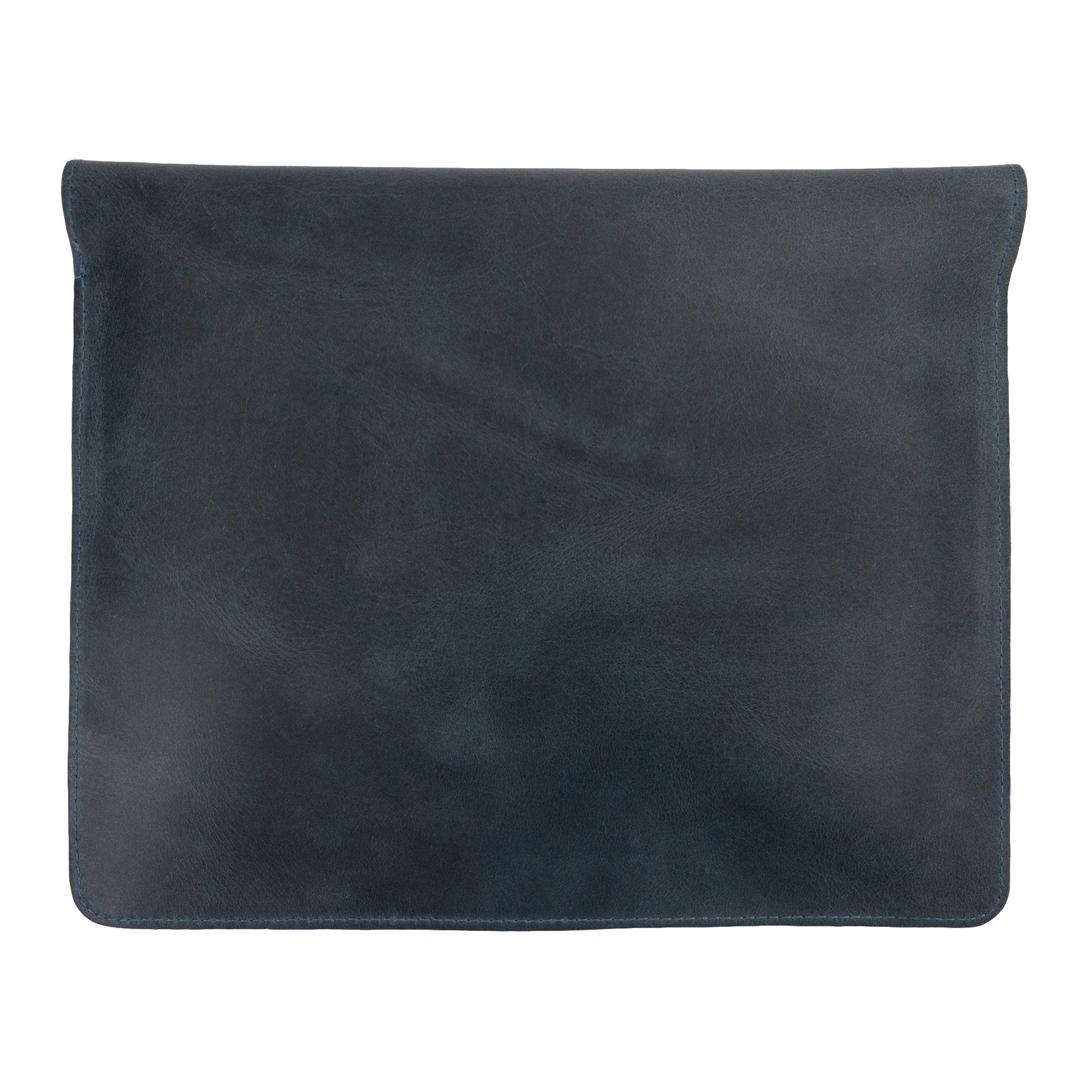 Interior view of Hide & Drink's Slim Portfolio in blue, showing its practical layout as a handmade Flat Messenger Case. This Full Grain Leather Narrow Document Holder is ideal for office use, crafted in La Antigua Guatemala & Oaxaca Mexico.