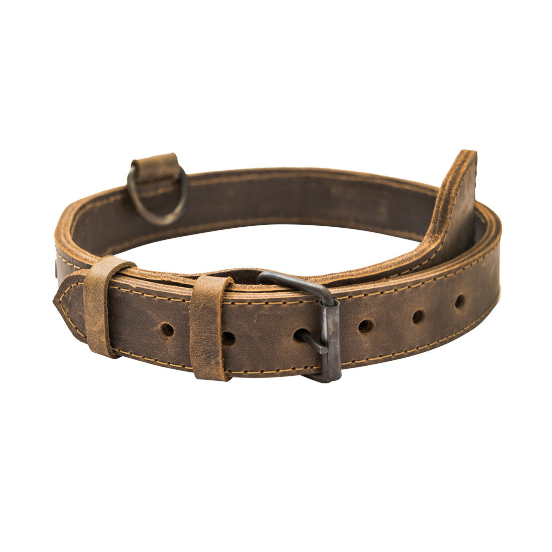Thick Leather Dog Collar by Hide & Drink, showcasing a handmade design from full grain leather, ideal for medium to large dogs (21 to 26 inches). This collar features durable rustic metal hardware and embodies artisan craftsmanship with small batch production, hand-cut and sewn in La Antigua Guatemala & Oaxaca Mexico.
