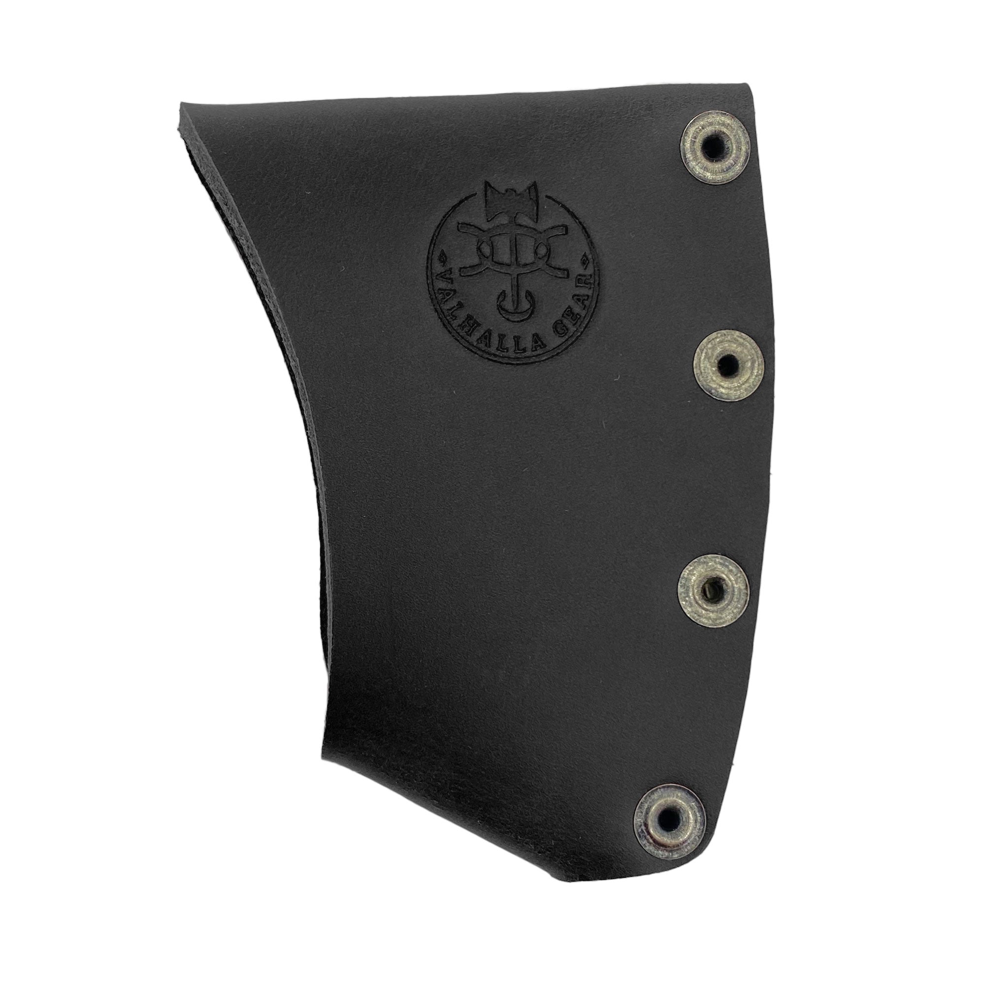 Black Hatchet Blade Cover by Valhalla Gear featuring logo and durable hardware, designed for securing axe blades during travel - Protector Case Cover, Small Axe Blade Safety Sleeve, Camping Accessory, Lumberjack Outdoor Essentials, StockyardX, Small Batch Production, Hand Cut, Hand Sewn, Fire Branded, Artisan, Handmade in La Antigua Guatemala & Oaxaca Mexico.