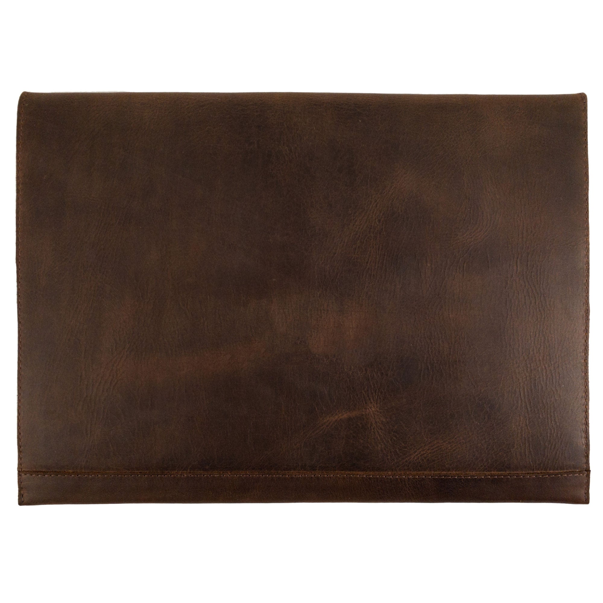 Back view of the Horizontal Mailing Envelope by Leather Worx, featuring durable and smooth Full Grain Leather; this handmade product reflects quality craftsmanship through its hand cut and hand sewn design, proudly made in La Antigua Guatemala & Oaxaca Mexico.