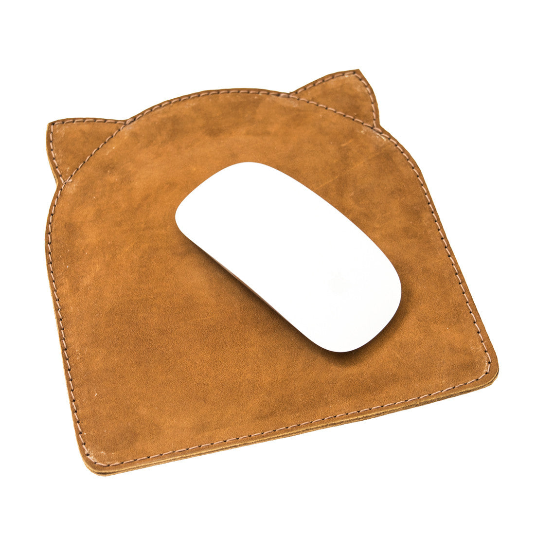 Soft Leather Cat Mouse Pad by Hide & Drink, featuring a cute cat ear design and crafted from full grain leather. This artisan product showcases small batch production, hand cut and hand sewn craftsmanship, fire branded for authenticity, and is handmade in La Antigua Guatemala & Oaxaca Mexico.